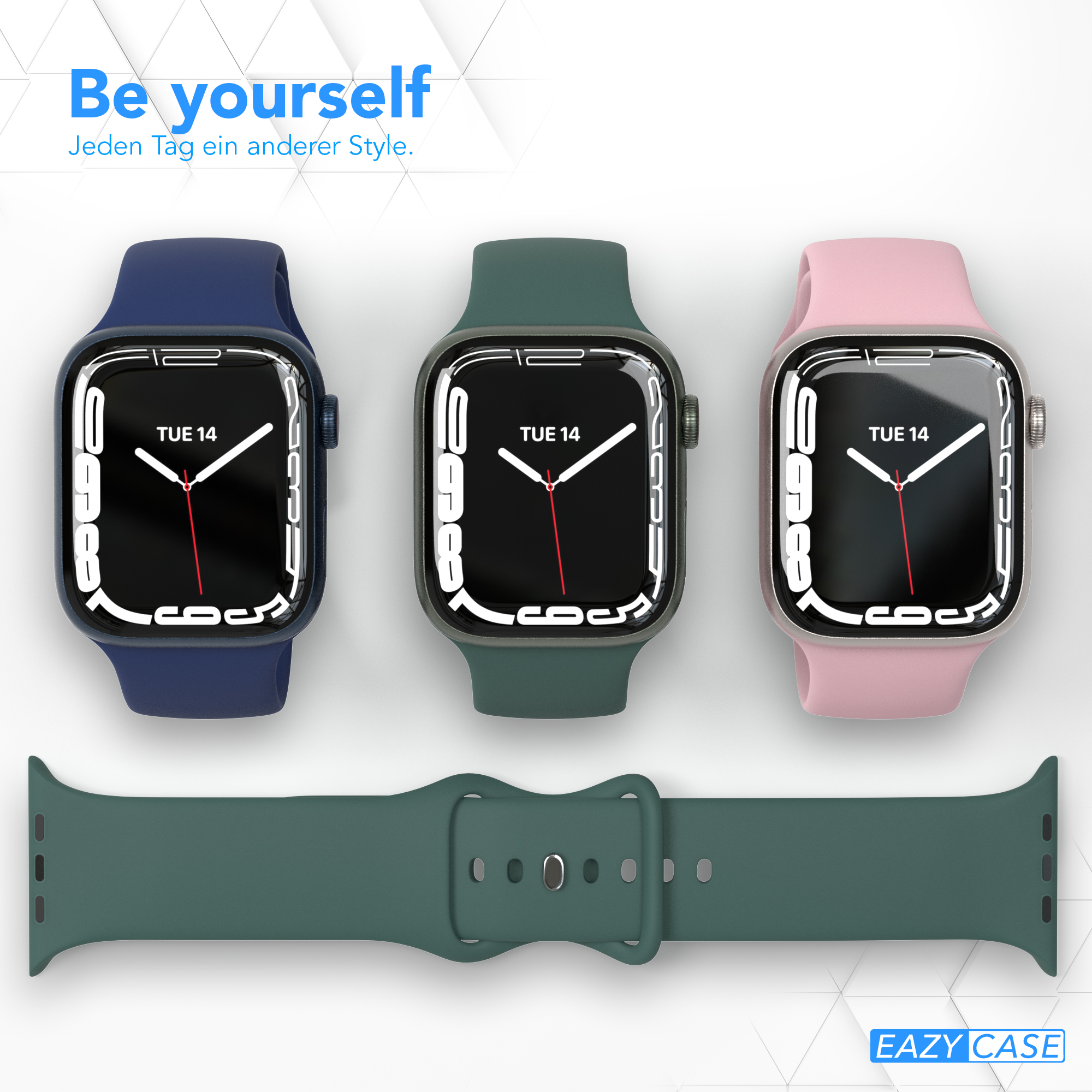 Drei Smartwatches mit unterschiedlich farbigen Armbändern. Blau, grün, pink und ein grünes Ersatzband.