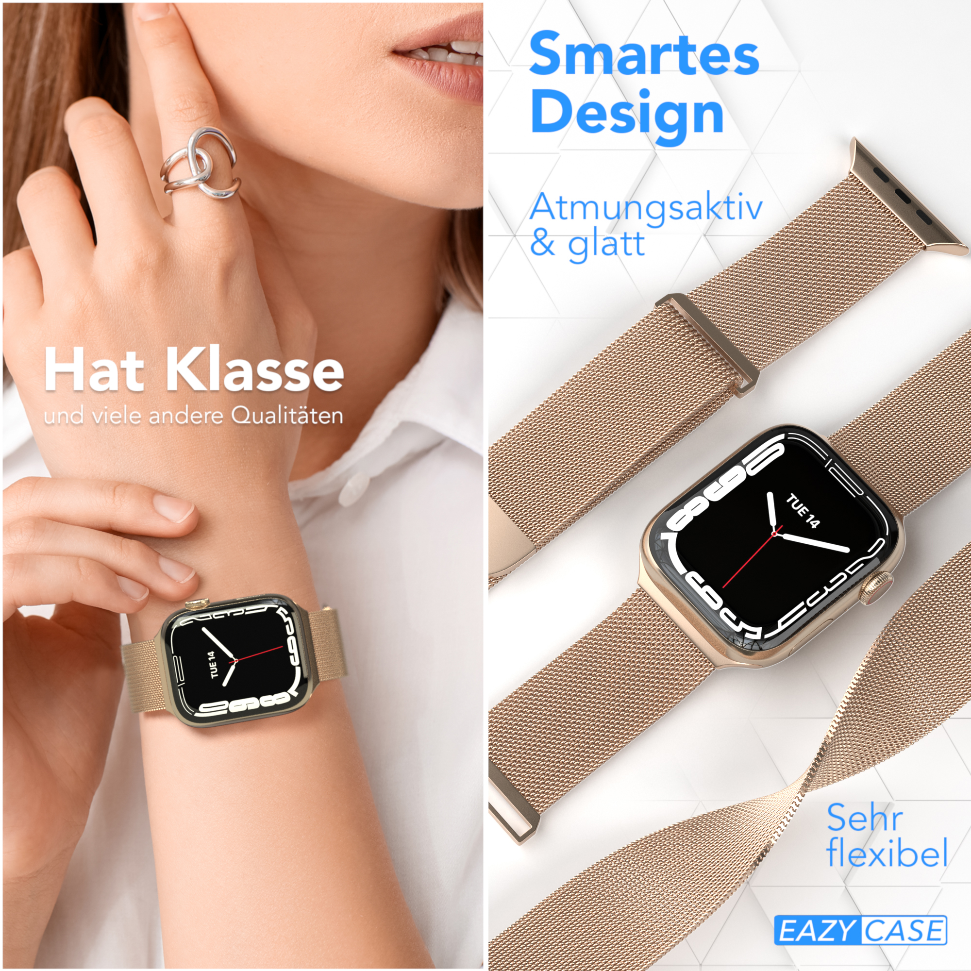 Hand einer Frau mit goldener Apple Watch. Goldenes Armband. Zweites Bild von Uhr und Armband.