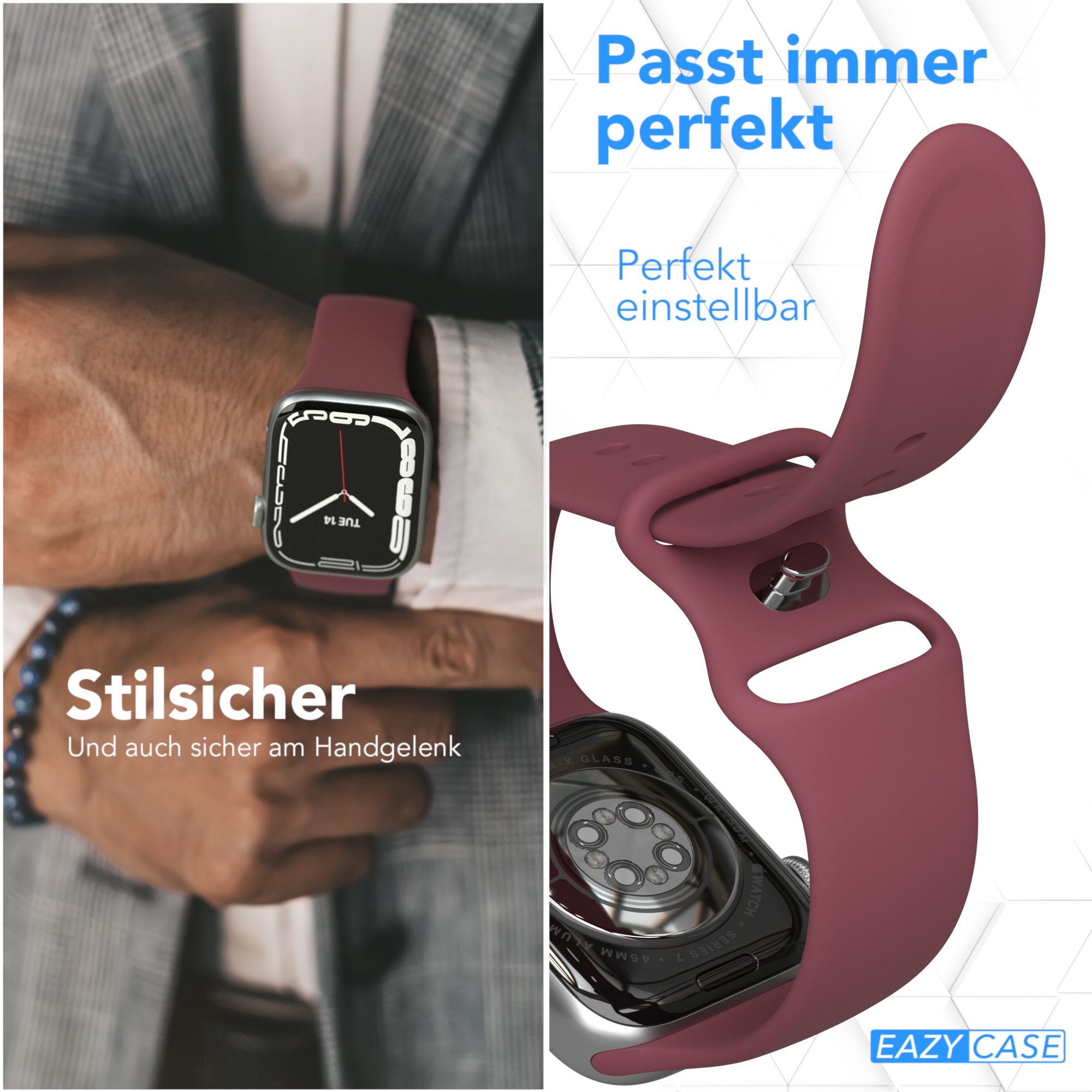 Uhr am Handgelenk und Armbanddetail. Weinrotes Uhrenarmband mit Schnalle und Verschluss.
