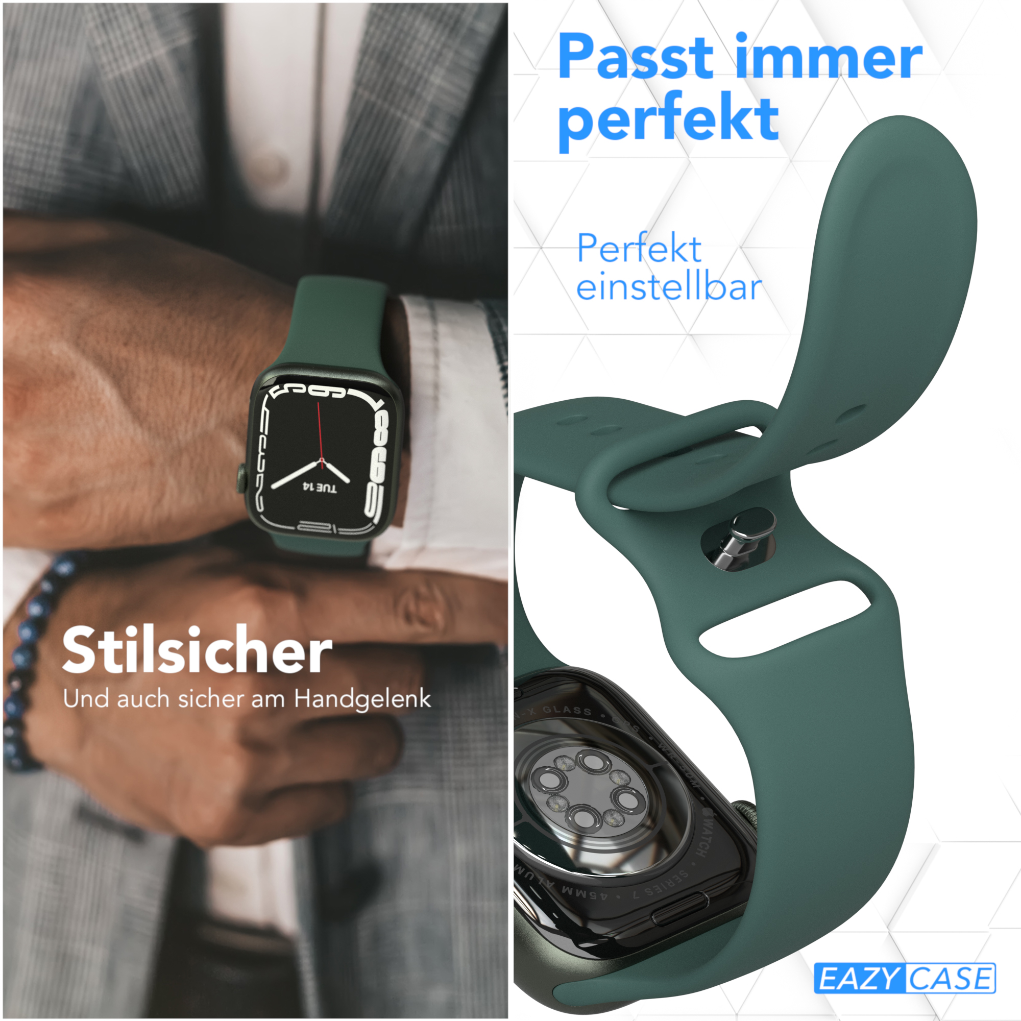 Grünes Smartwatch-Armband am Handgelenk. Nahaufnahme von Uhr und Armband. Text sagt 'Stilsicher' und 'Passt immer perfekt'.