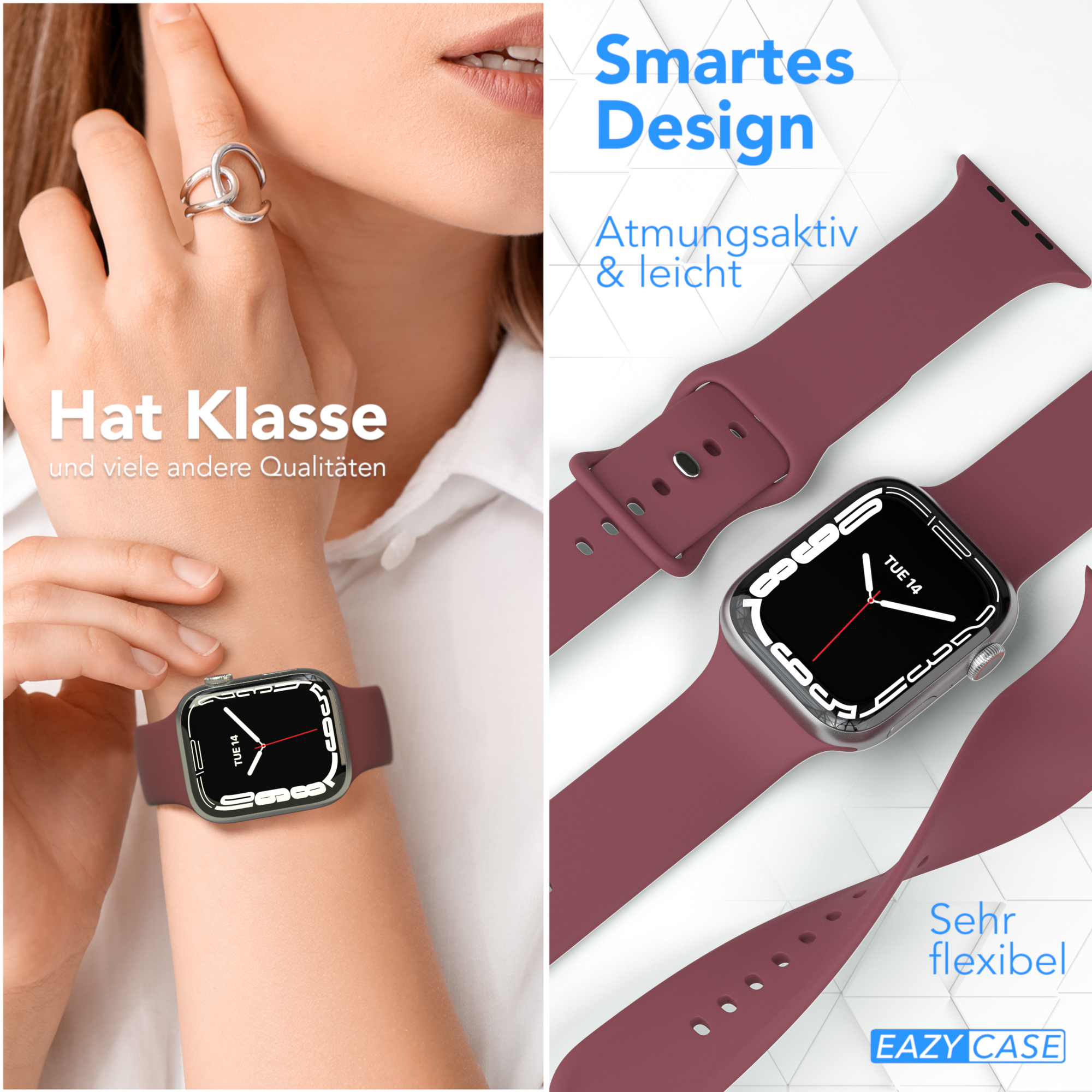 Eine Frau trägt eine Smartwatch mit rotem Armband. Text: Smart Design, atmungsaktiv und leicht.