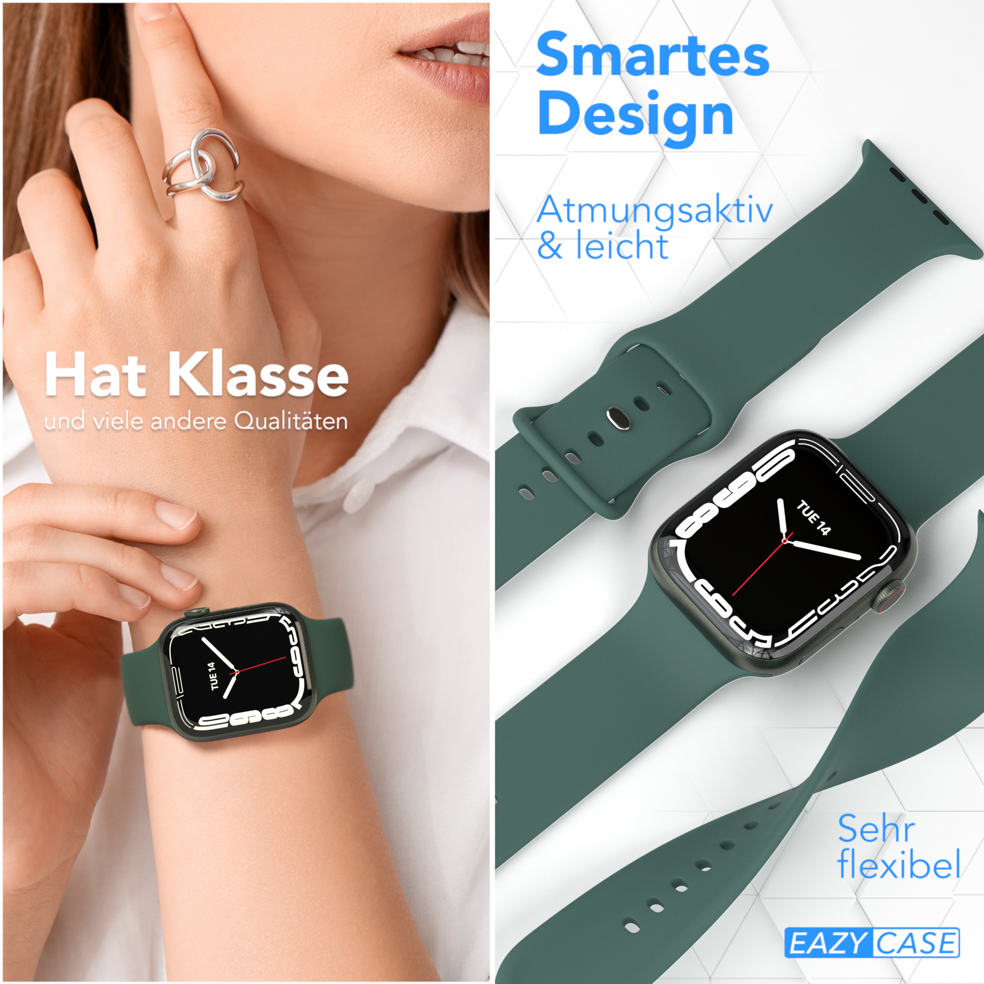 Eine Person, die eine grüne Smartwatch trägt, und eine Nahaufnahme eines grünen Uhrenarmbands.