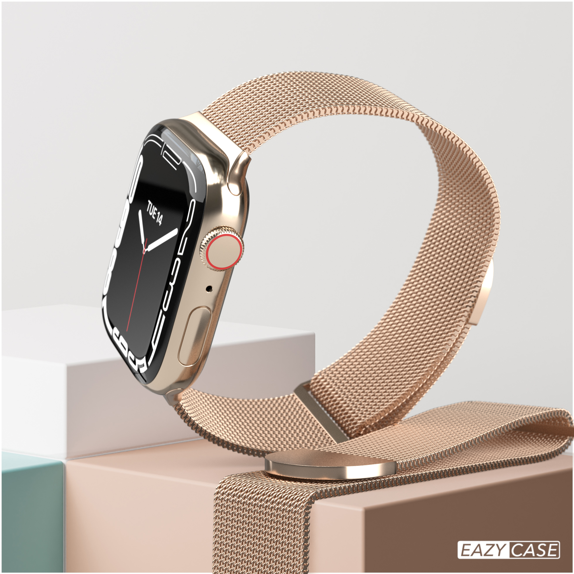 Eine goldene Uhr mit Mesh-Armband und weißem Hintergrund, die die Uhrzeit anzeigt.