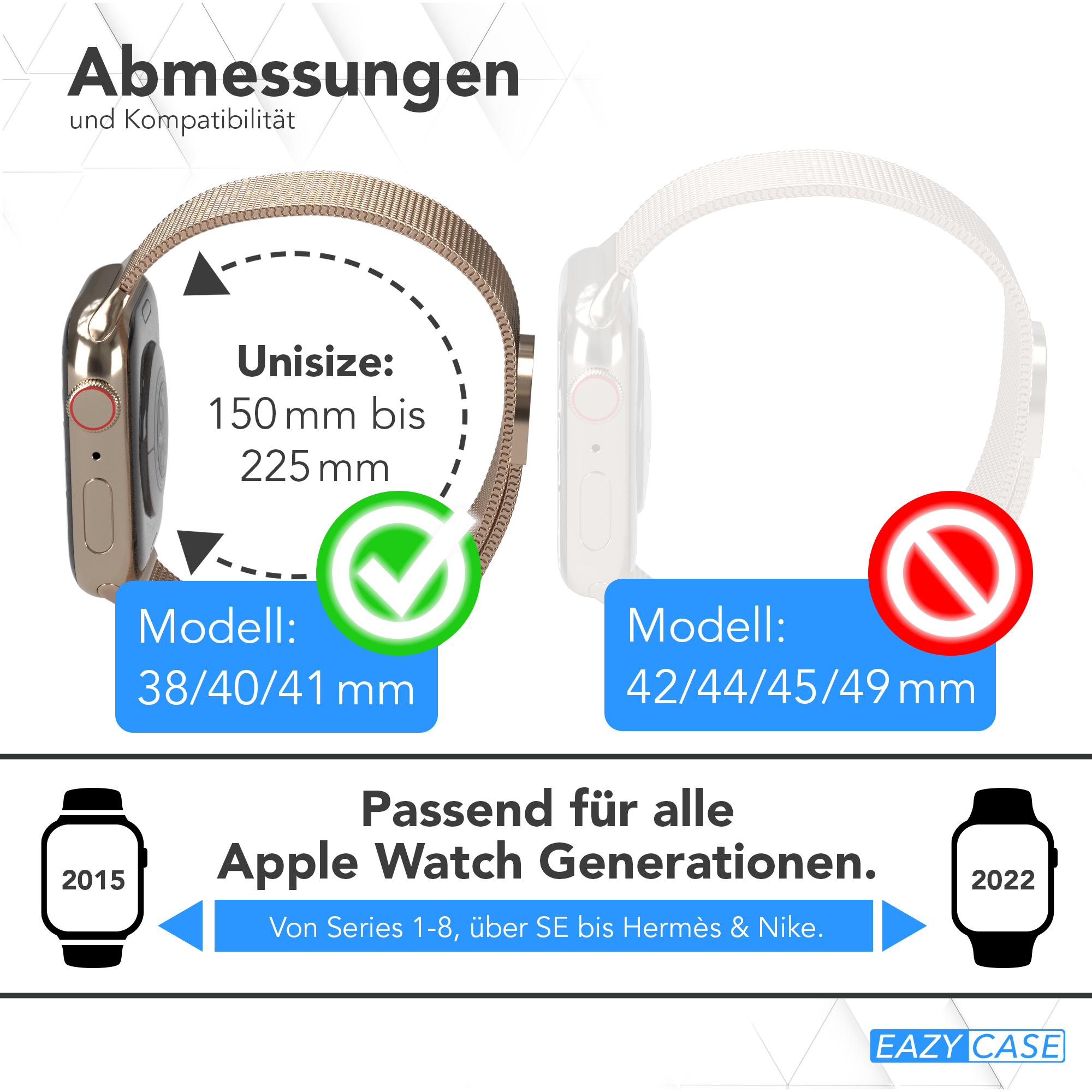 Zwei Apple Watches mit verschiedenen Armbändern. Eine ist grün, die andere gold.