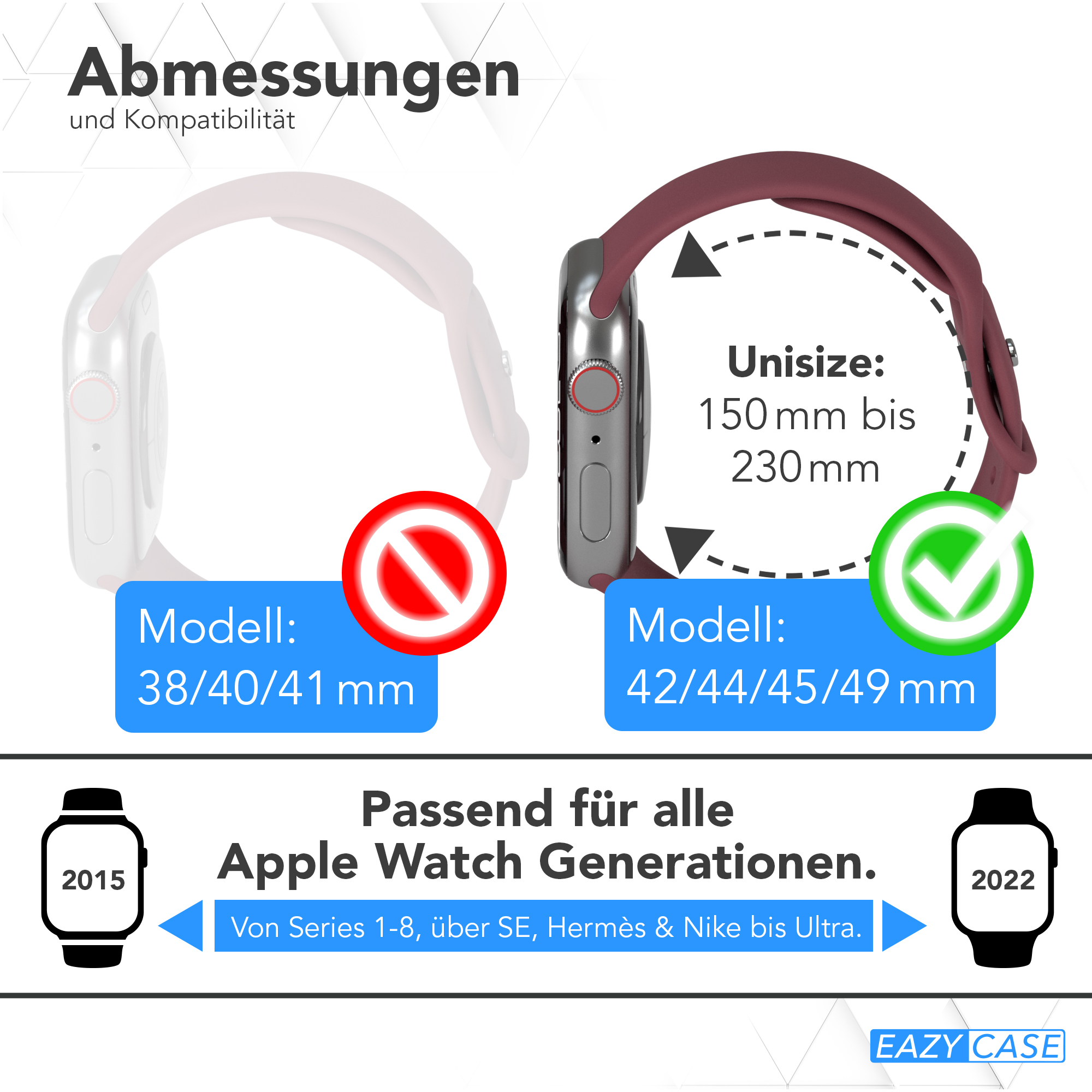 Vergleich von Apple Watch-Armbändern. Rotes X auf falschem Band und grünes Häkchen auf richtigem.