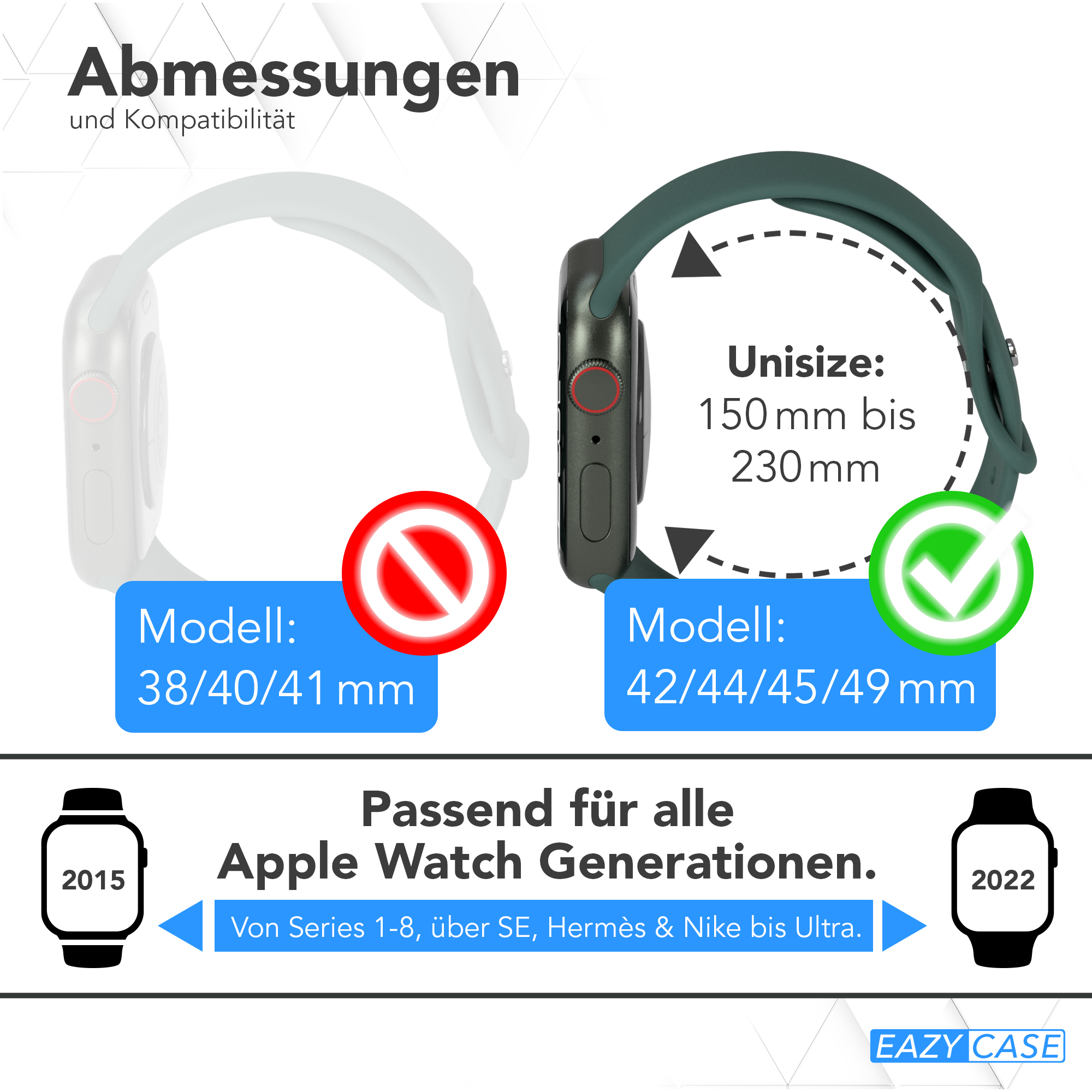Apple Watches. Eines mit rotem Kreis, eines mit grünem Häkchen. Größen und Modelle.
