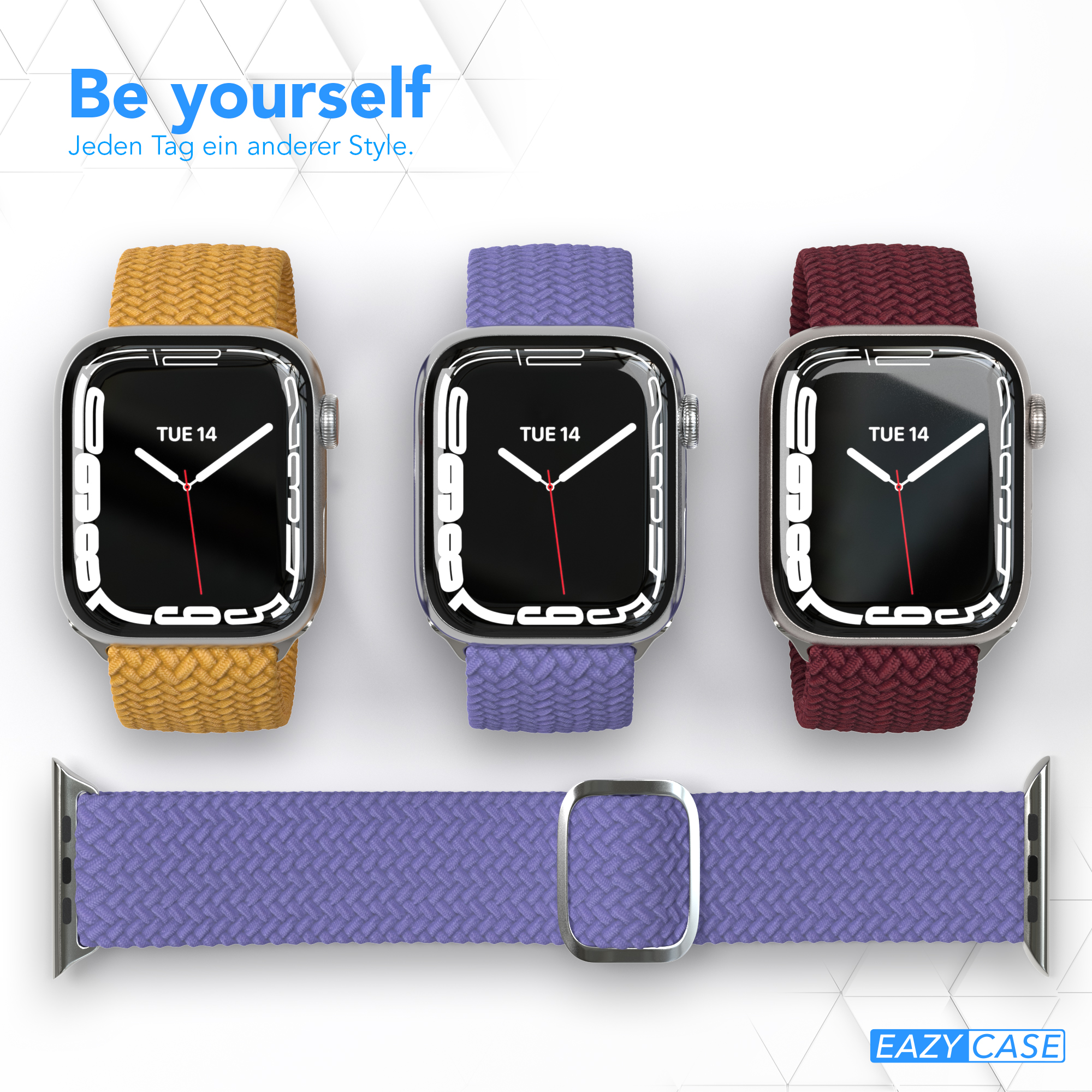 Drei Smartwatches mit verschiedenfarbigen Bändern. Ein Band ist lila, eines gelb und eines rot. Weißer Hintergrund.