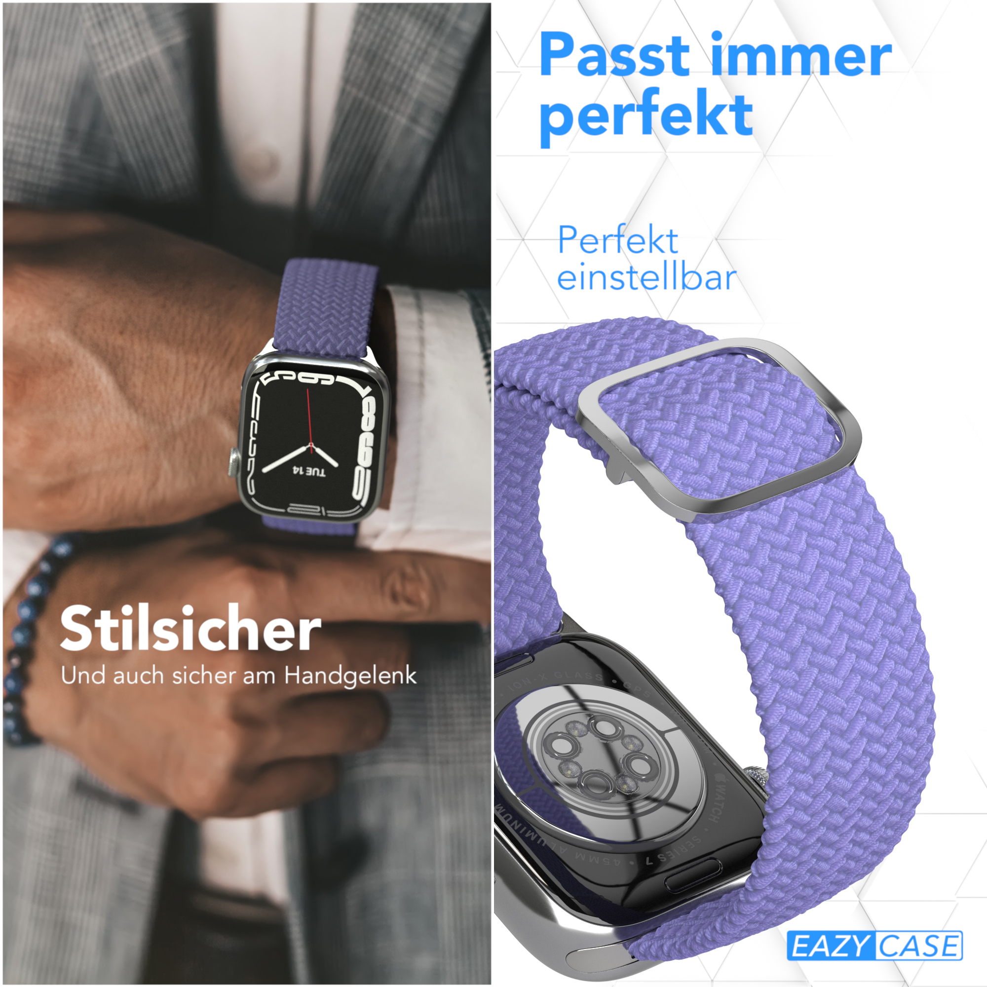 Eine Uhr mit lila gewebtem Armband und silberner Schnalle. Die Uhr ist am Handgelenk einer Person.