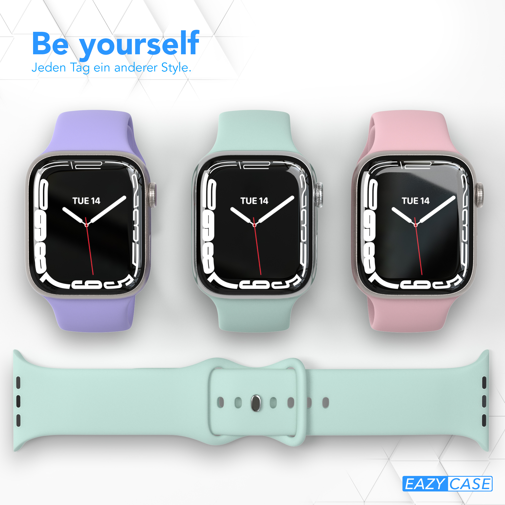 Drei Smartwatches in verschiedenen Farben, zusammen mit einem Armband, vor blauem Hintergrund, mit dem Text 'Be yourself'.