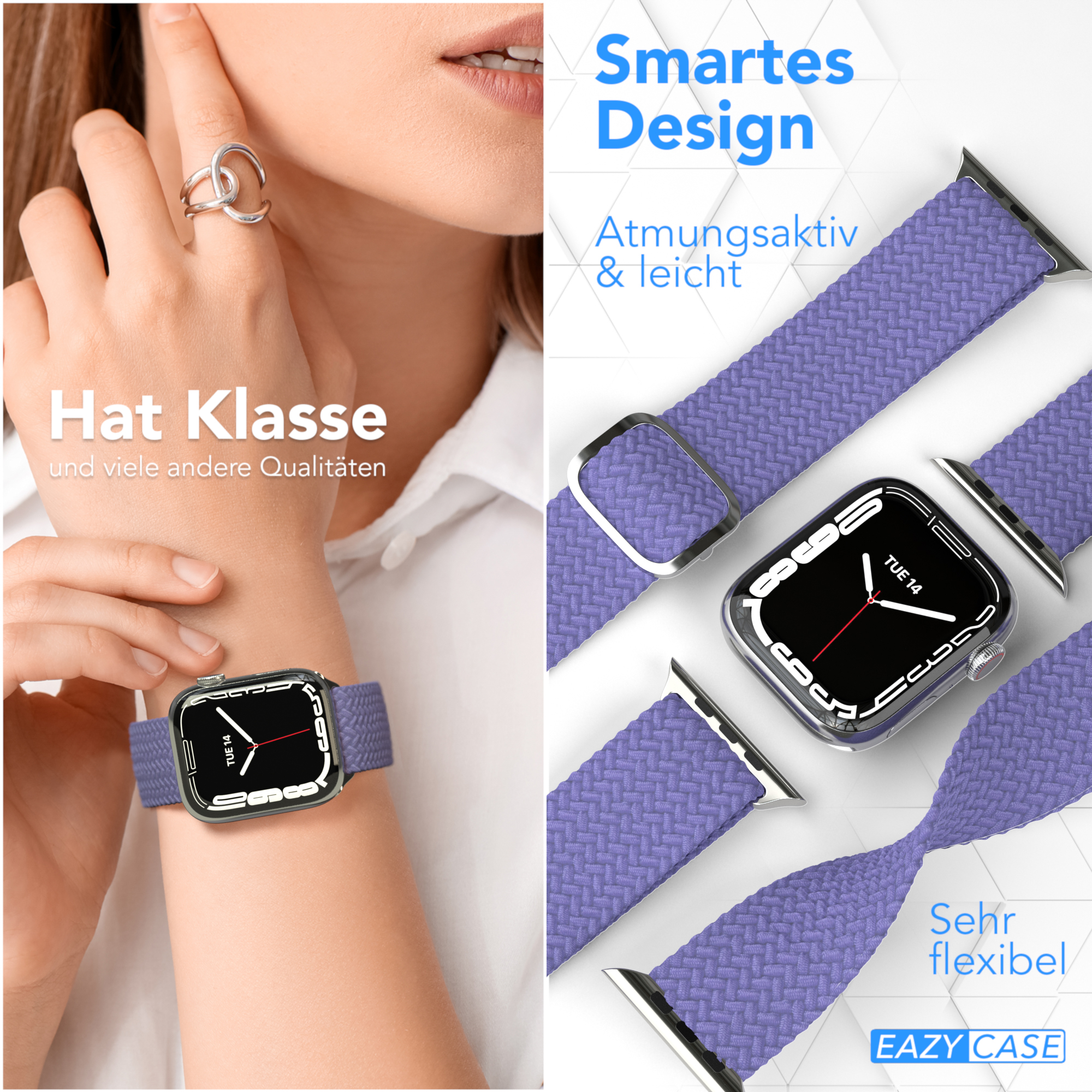 Eine Frau trägt eine Uhr mit einem lila geflochtenen Armband. Die Uhr und das Armband werden gezeigt.