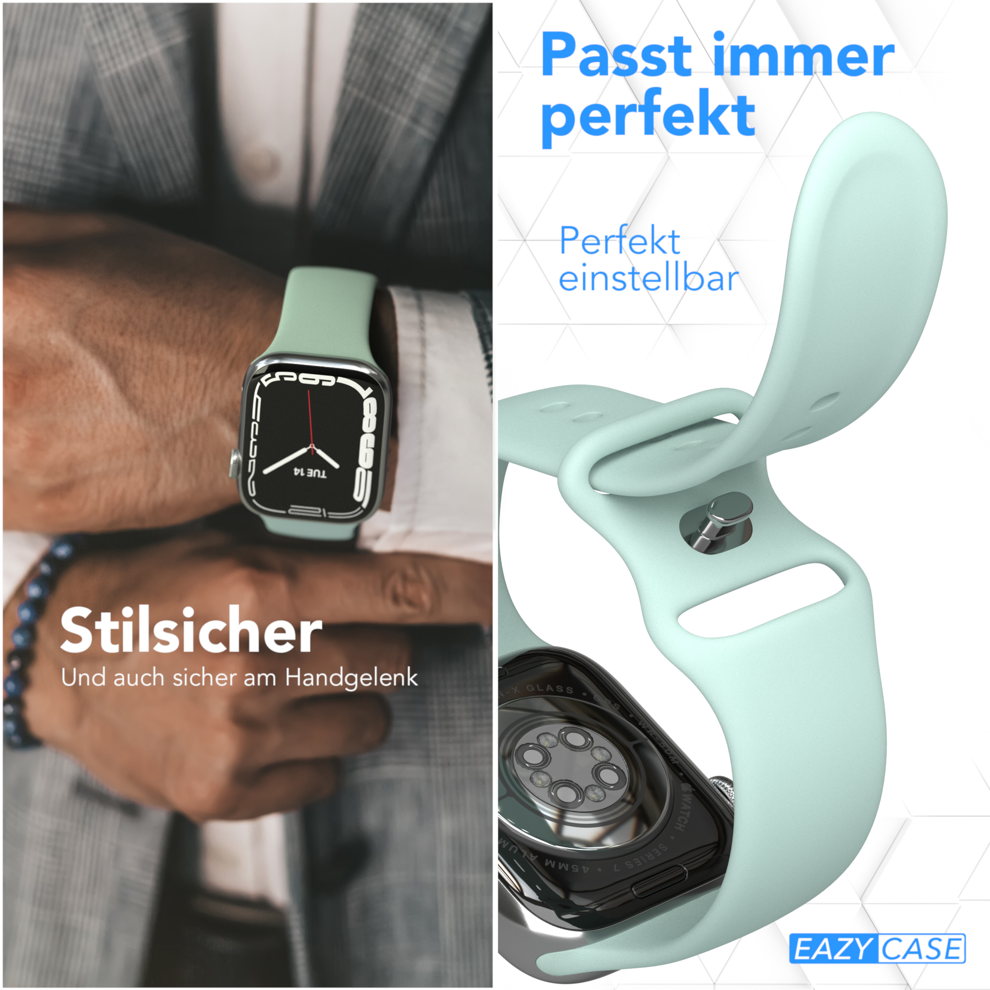 Eine Uhr am Handgelenk mit mintfarbenem Armband und mintfarbenem Band.