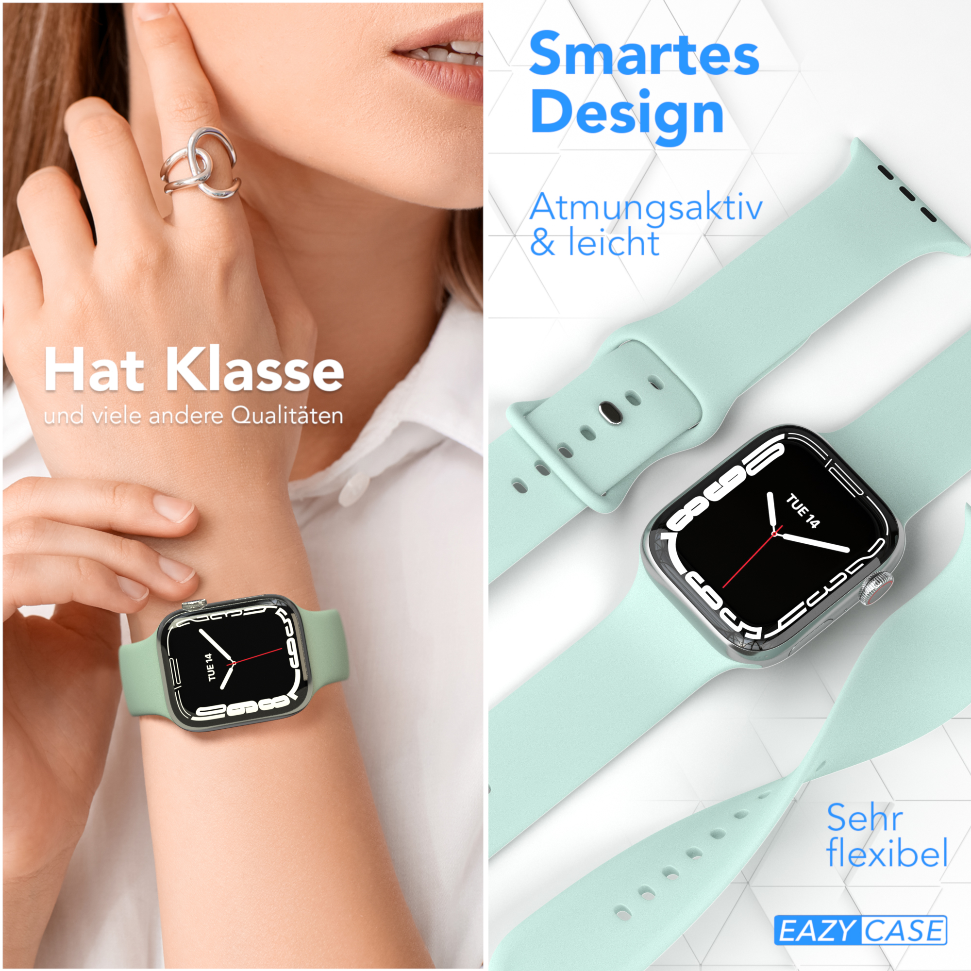 Zwei Bilder einer Uhr mit mintgrünem Armband. Das Zifferblatt zeigt das Datum. Text auf Deutsch.