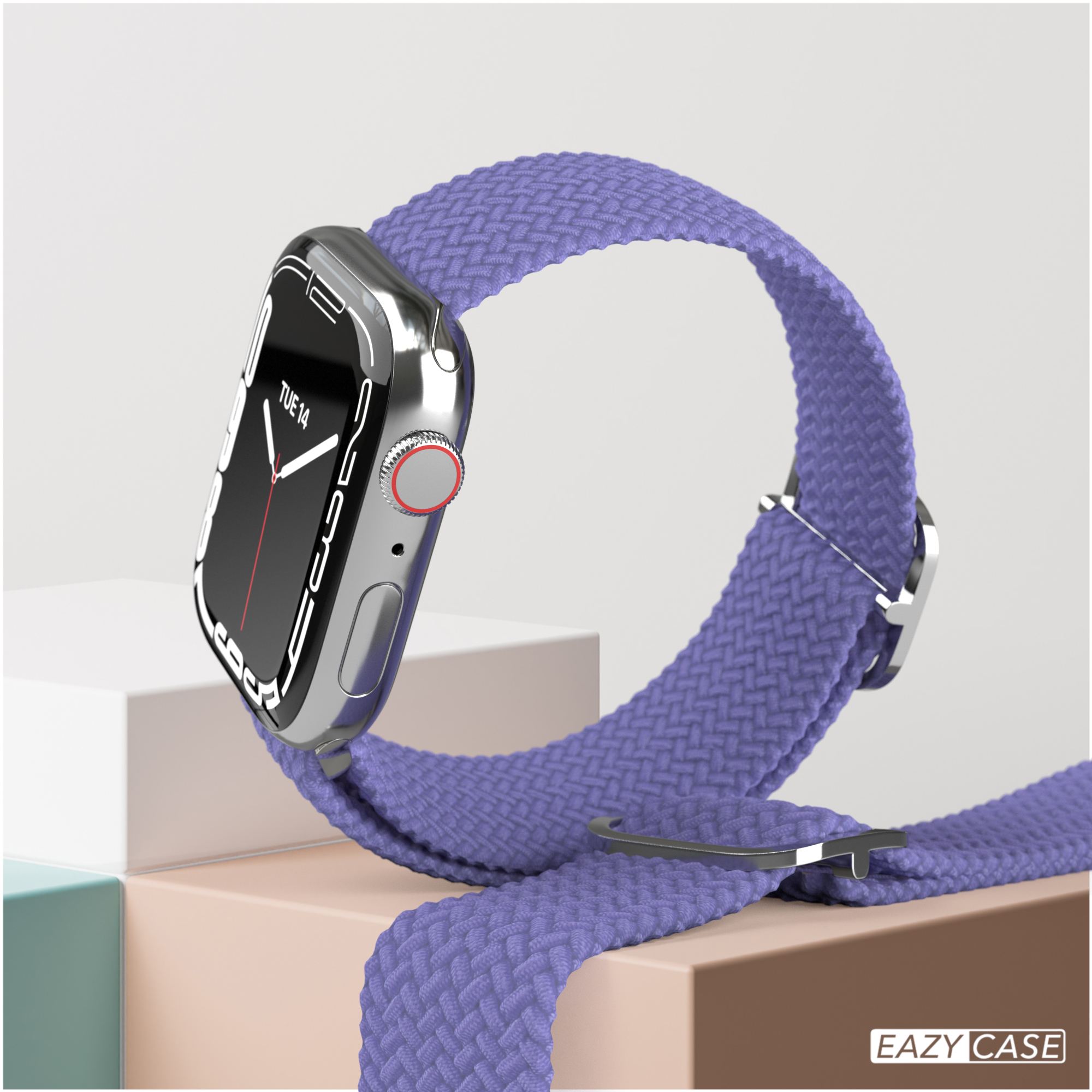 Smartwatch mit lila Band, silbernem Gehäuse. Anzeige zeigt Di 14. Weiße und braune Oberfläche.