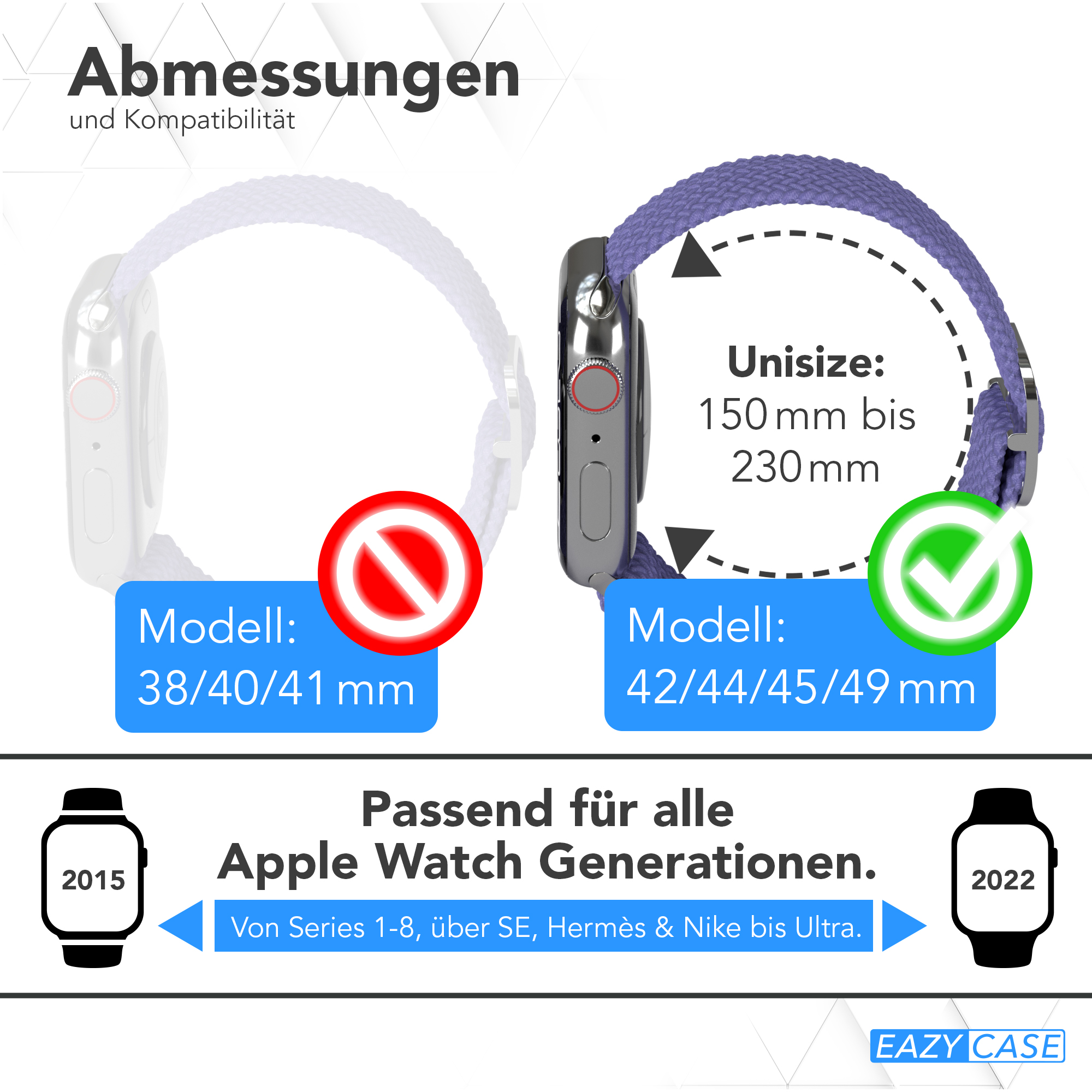 Apple Watch mit lila Armband. Der Text beschreibt die Kompatibilität mit verschiedenen Generationen.