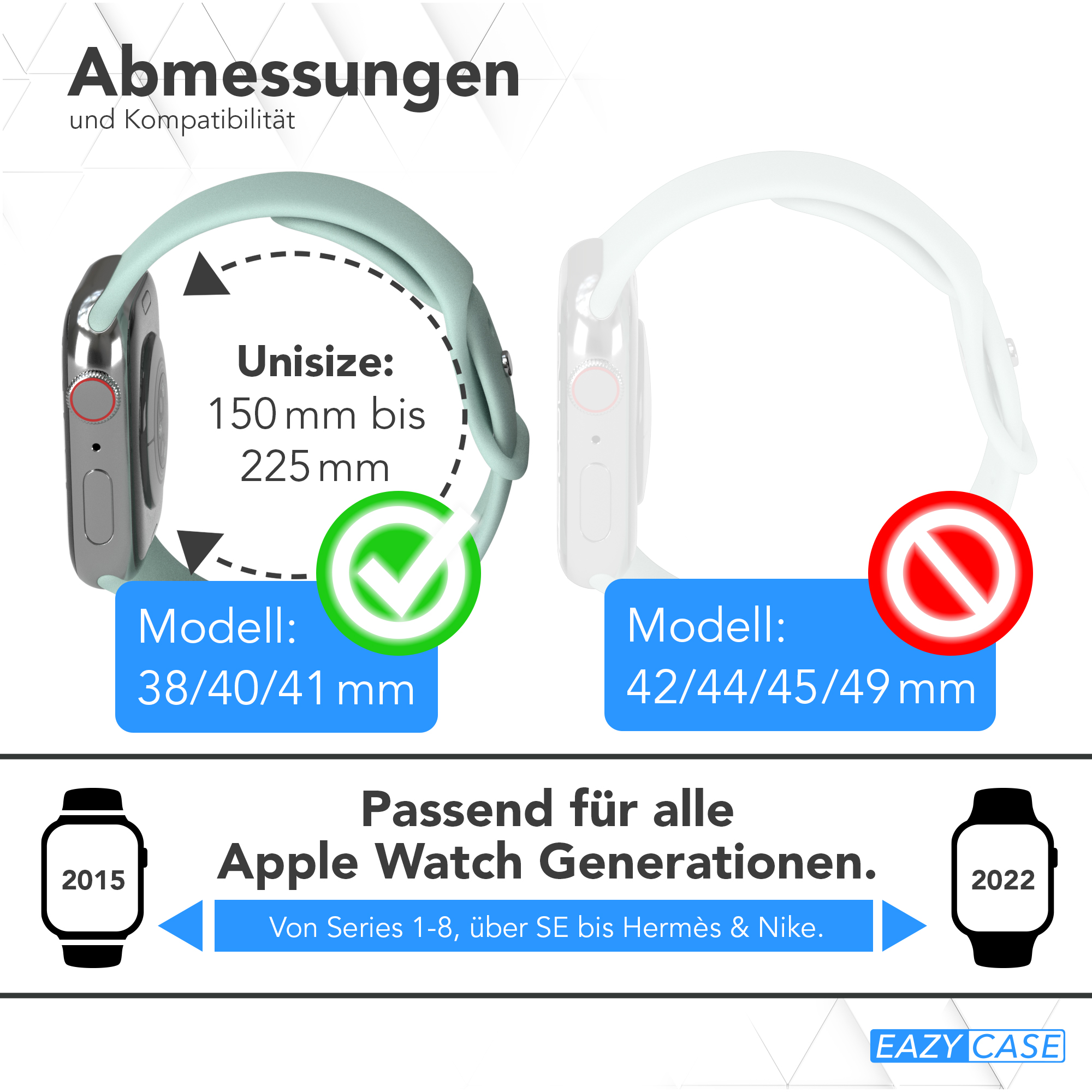 Eine Apple Watch mit grünem Häkchen. Die Uhr wird mit einem Armband gezeigt und der Text besagt, dass sie zu mehreren Modellen passt.