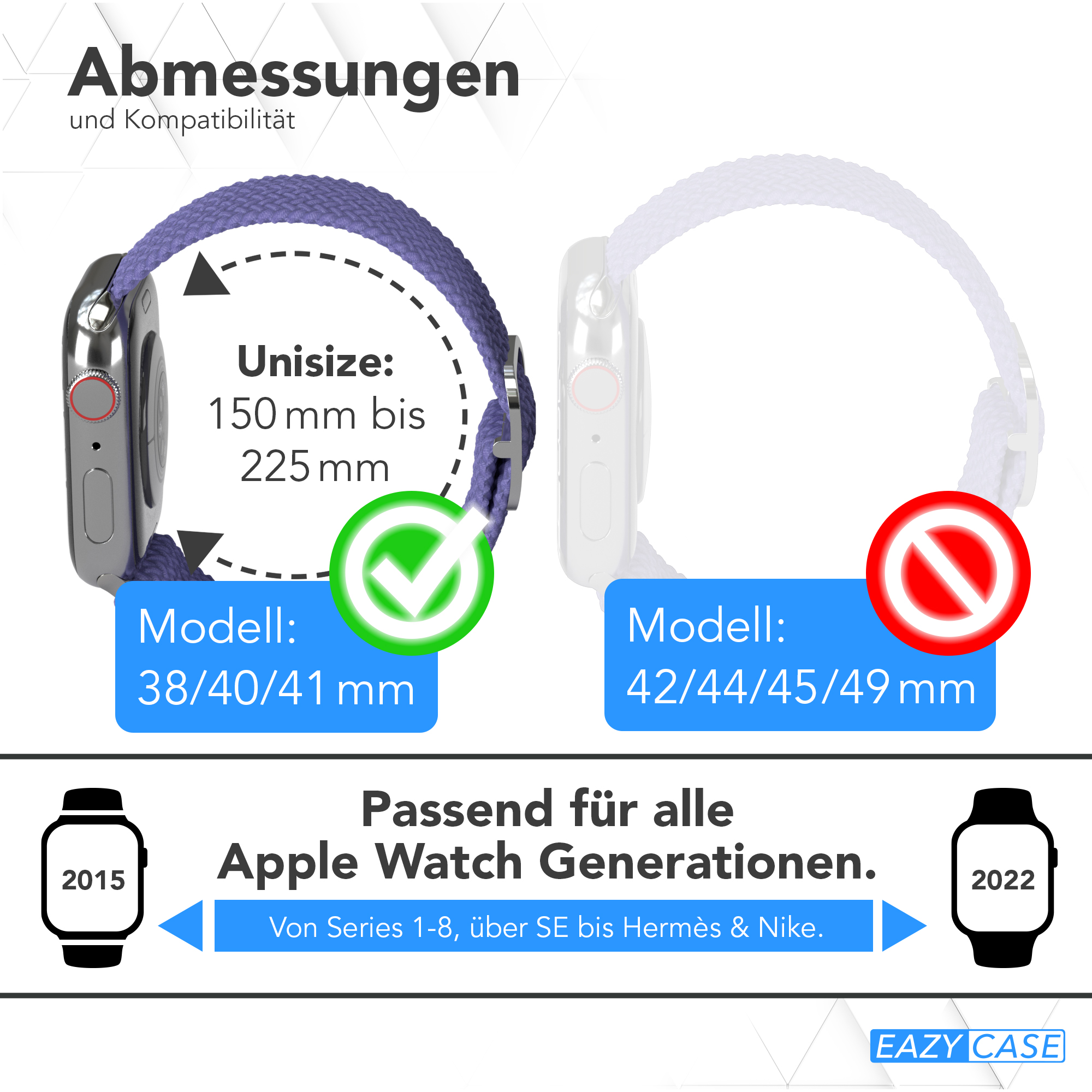 Apple Watch-Armbänder. Unisize-Band mit grünem Häkchen passt für 38/40/41mm. Andere Band hat rotes Verbotsschild.