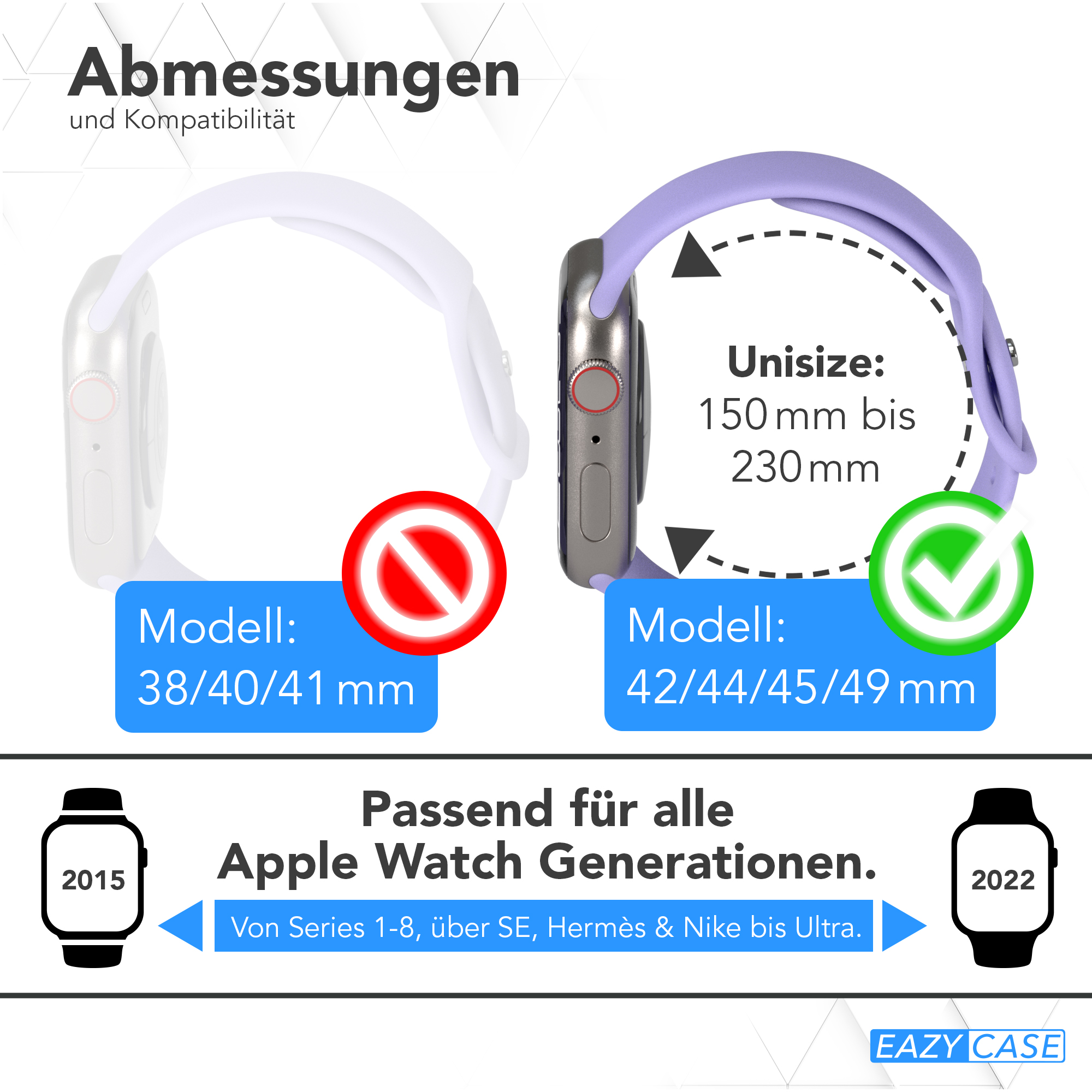 Zwei Smartwatches, eine schwarz und eine weiß. Text: Apple Watch Kompatibilität. Größen und Jahre gezeigt.