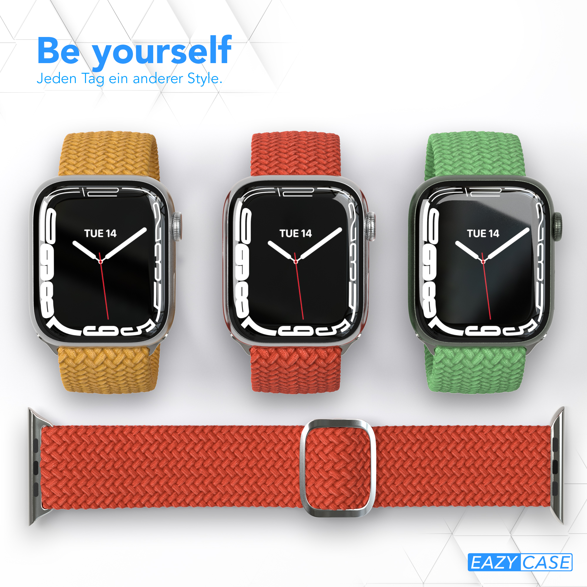 Drei Smartwatches mit unterschiedlich farbigen Armbändern. Ein orangefarbenes Armband ist abgenommen und ein Logo.