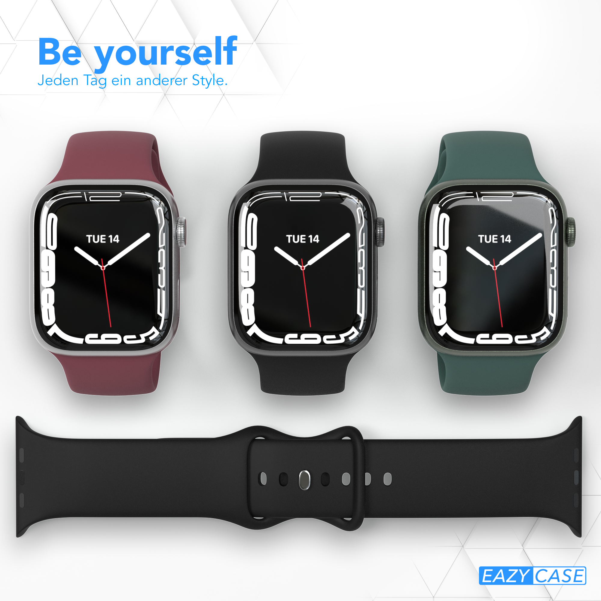 Drei Smartwatches mit verschiedenfarbigen Armbändern und ein zusätzliches Armband. Der Text oben lautet 'Be yourself'.