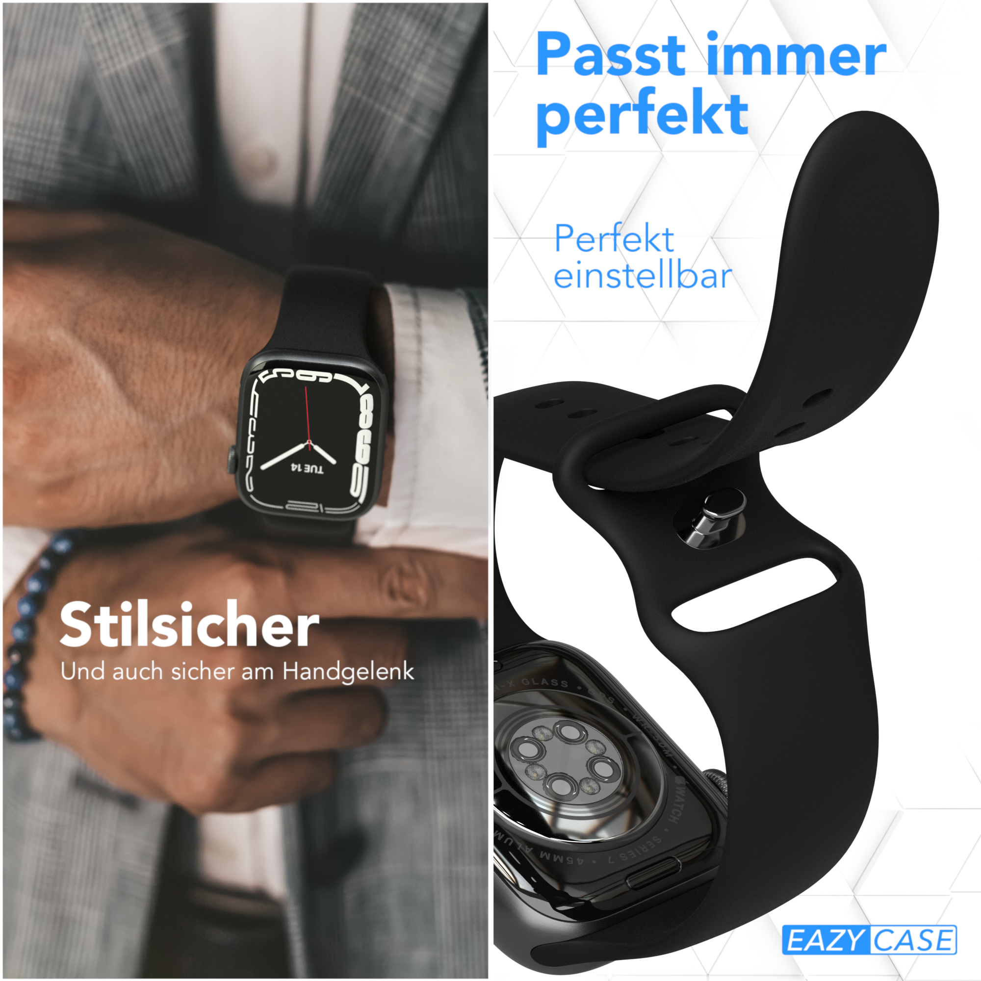 Ein Mann trägt eine Smartwatch am Handgelenk. Die Uhr ist schwarz. Das Armband ist ebenfalls schwarz. Der Hintergrund ist unscharf.