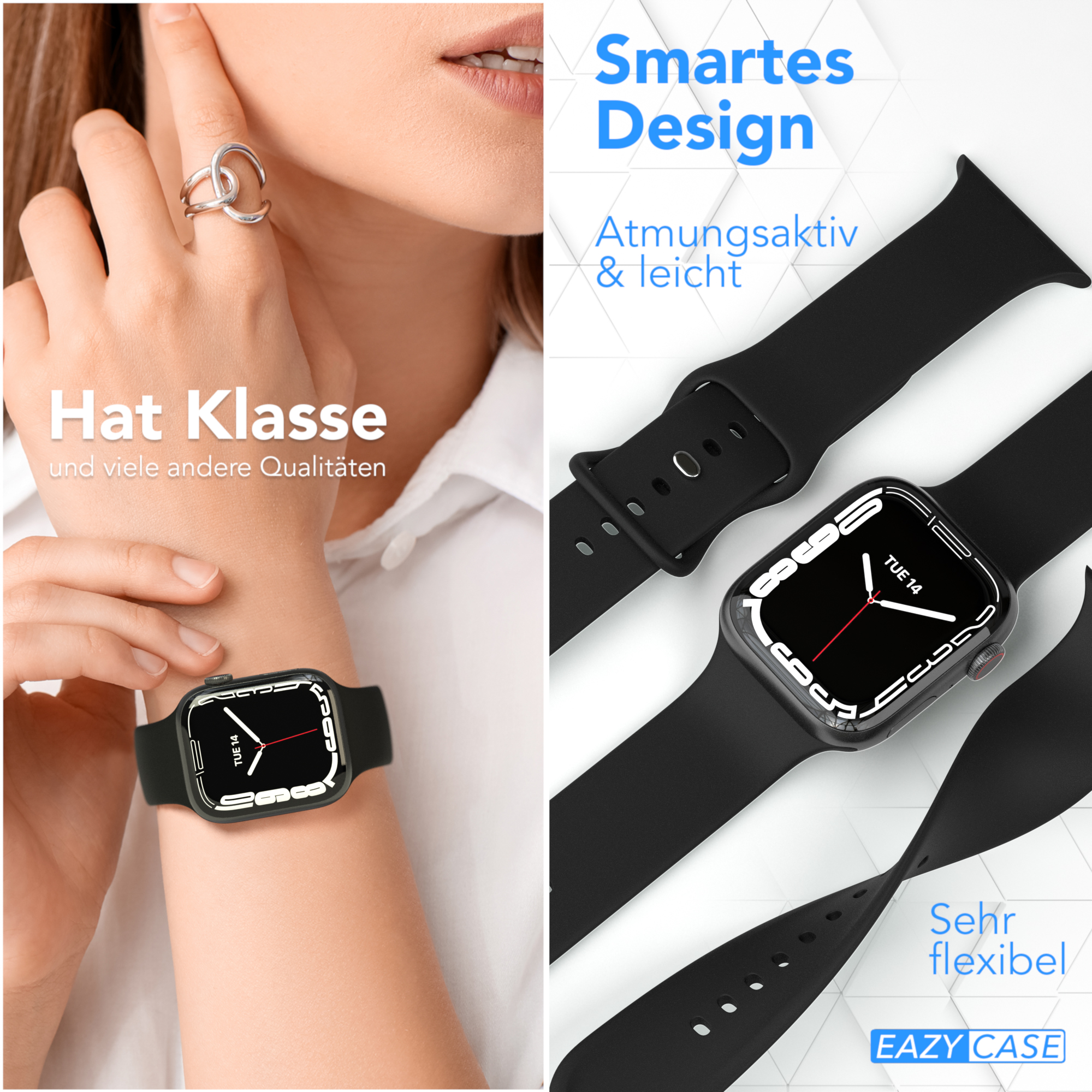 Eine Frau mit einer Smartwatch. Die Uhr ist schwarz mit einem schwarzen Armband. Eine Uhr mit Armband wird angezeigt.
