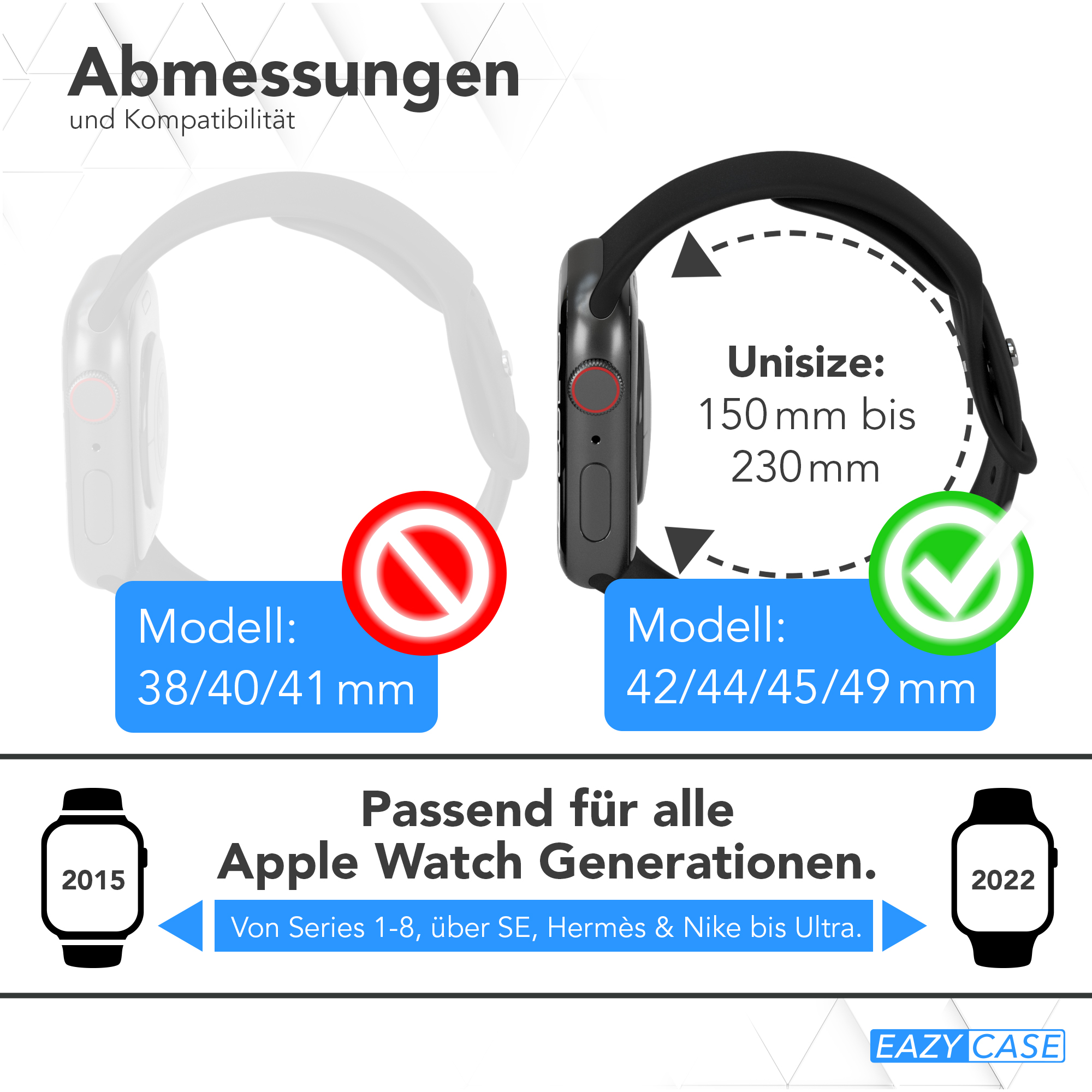 Diagramm der Apple Watch-Größen. Eines ist durchgestrichen. Ein anderes ist korrekt, mit grünem Haken.