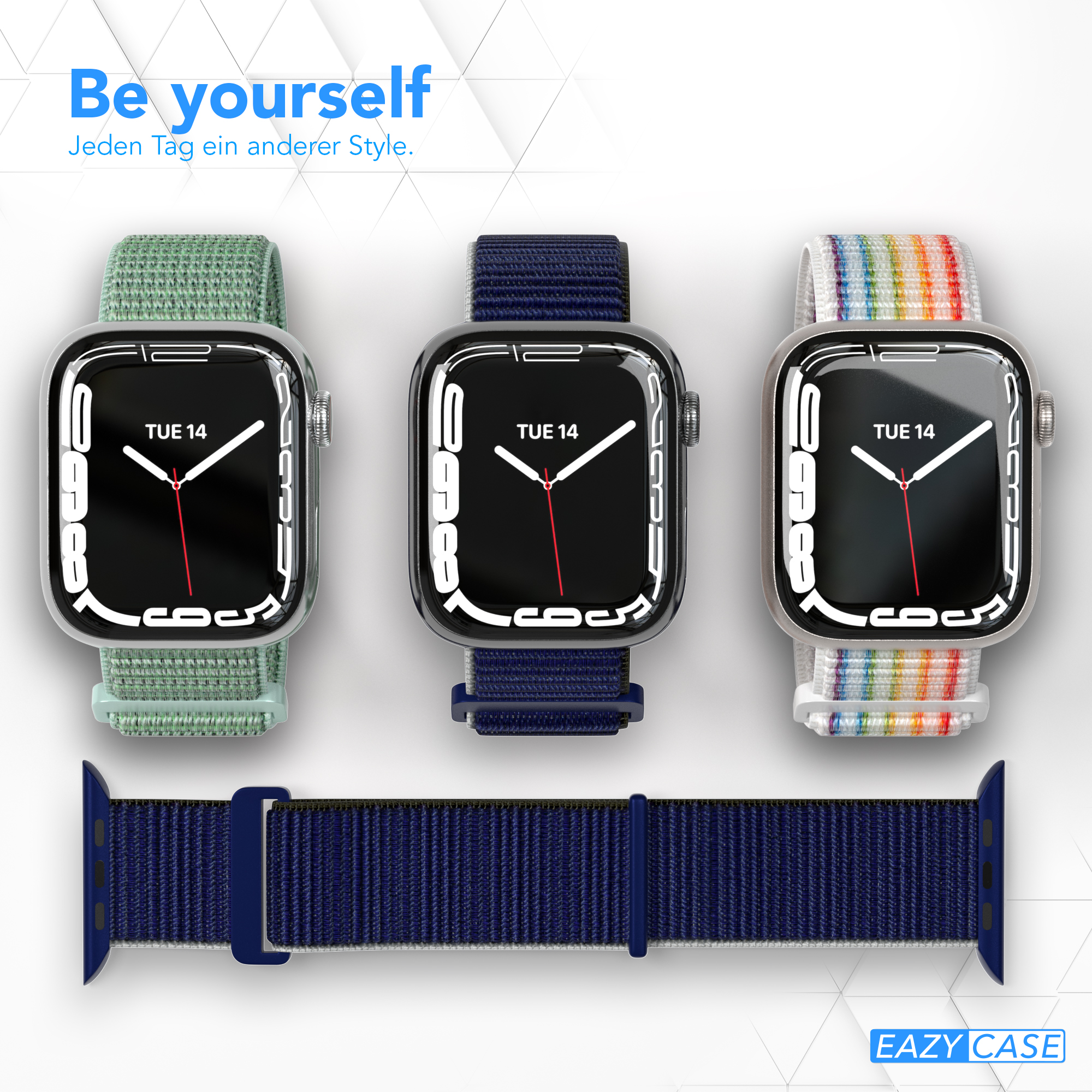Drei Smartwatches mit verschiedenfarbigen Armbändern und ein blaues Armband darunter.