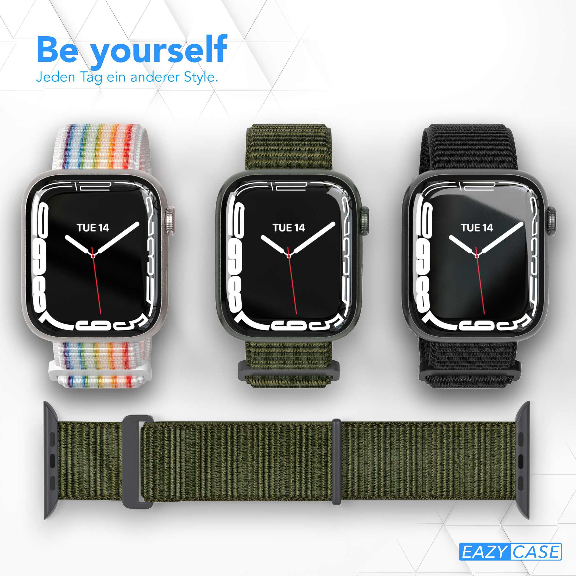 Drei Smartwatches mit verschiedenen Armbändern. Text: Be yourself. Eazy case Logo.