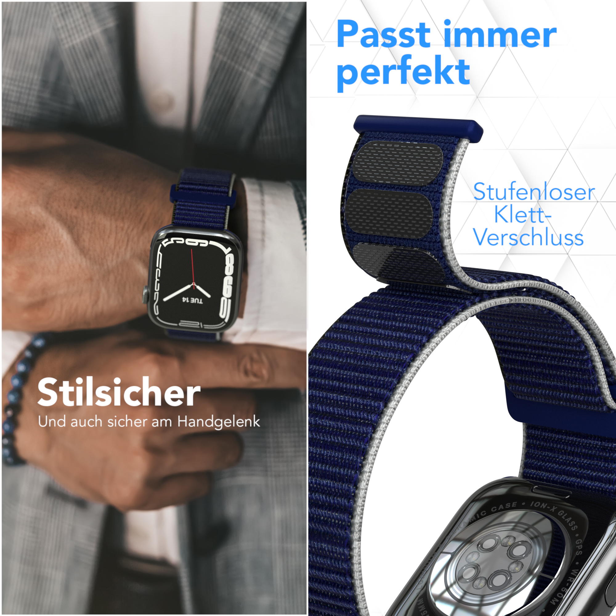Eine Smartwatch mit blauem Armband, die perfekte Passform und sicheren Verschluss zeigt.