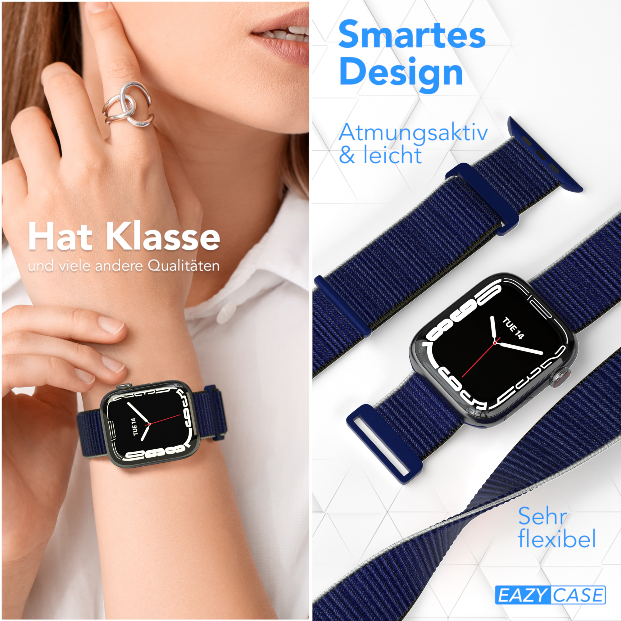 Eine Uhr am Handgelenk mit blauem Armband, neben einer Uhr mit blauem Armband.