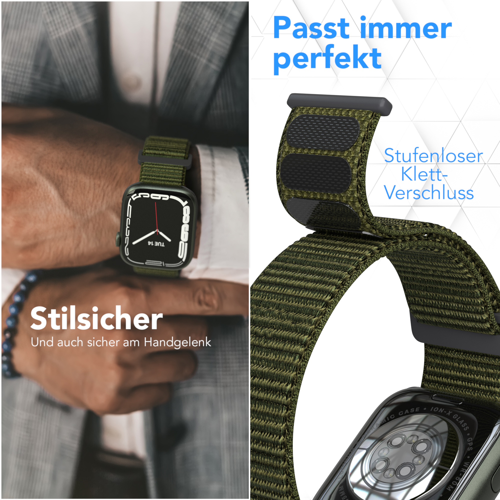 Das Handgelenk einer Person mit einem grünen Uhrenarmband und einer Smartwatch.