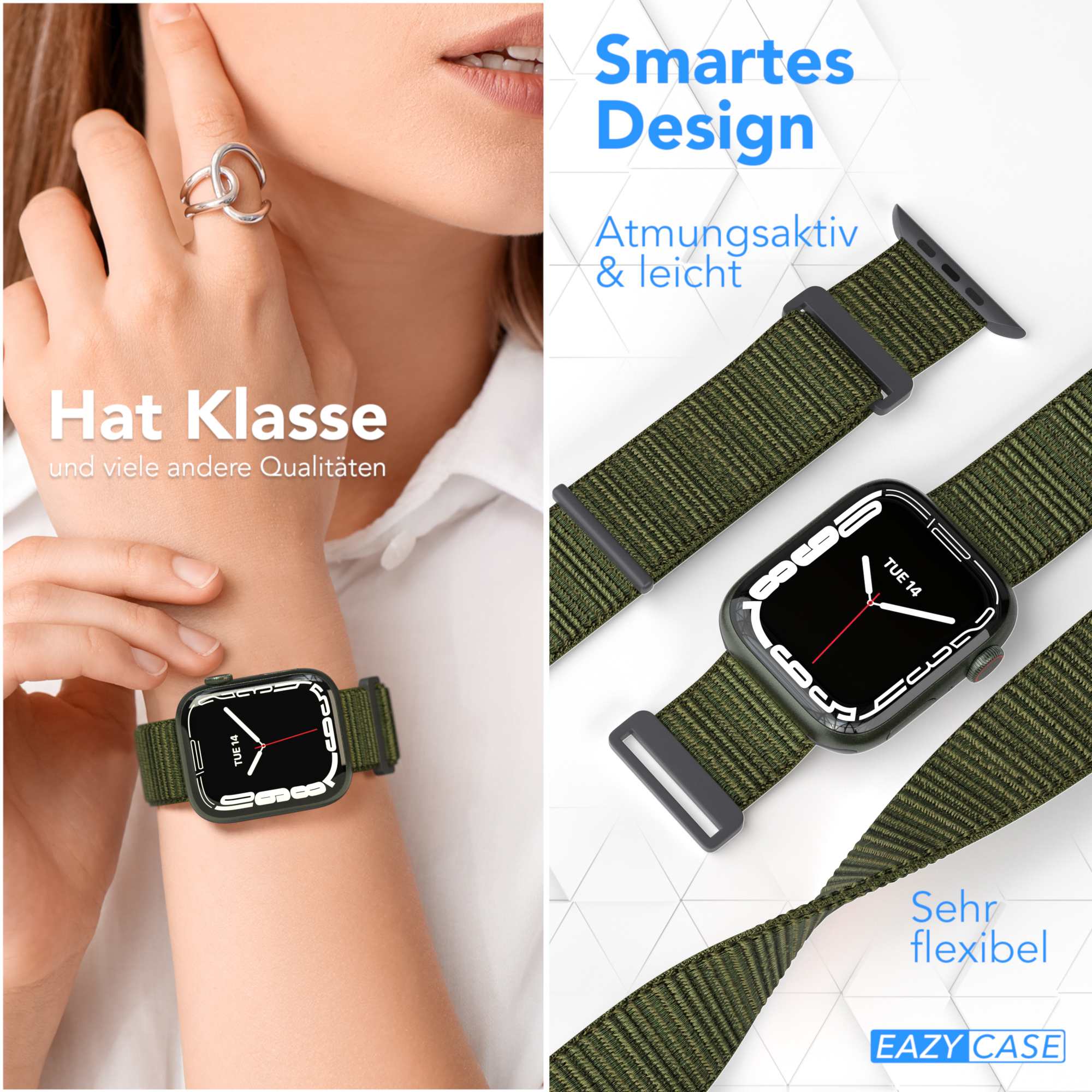 Smartwatch mit grünem Armband. Text: Hat Klasse, Smartes Design.