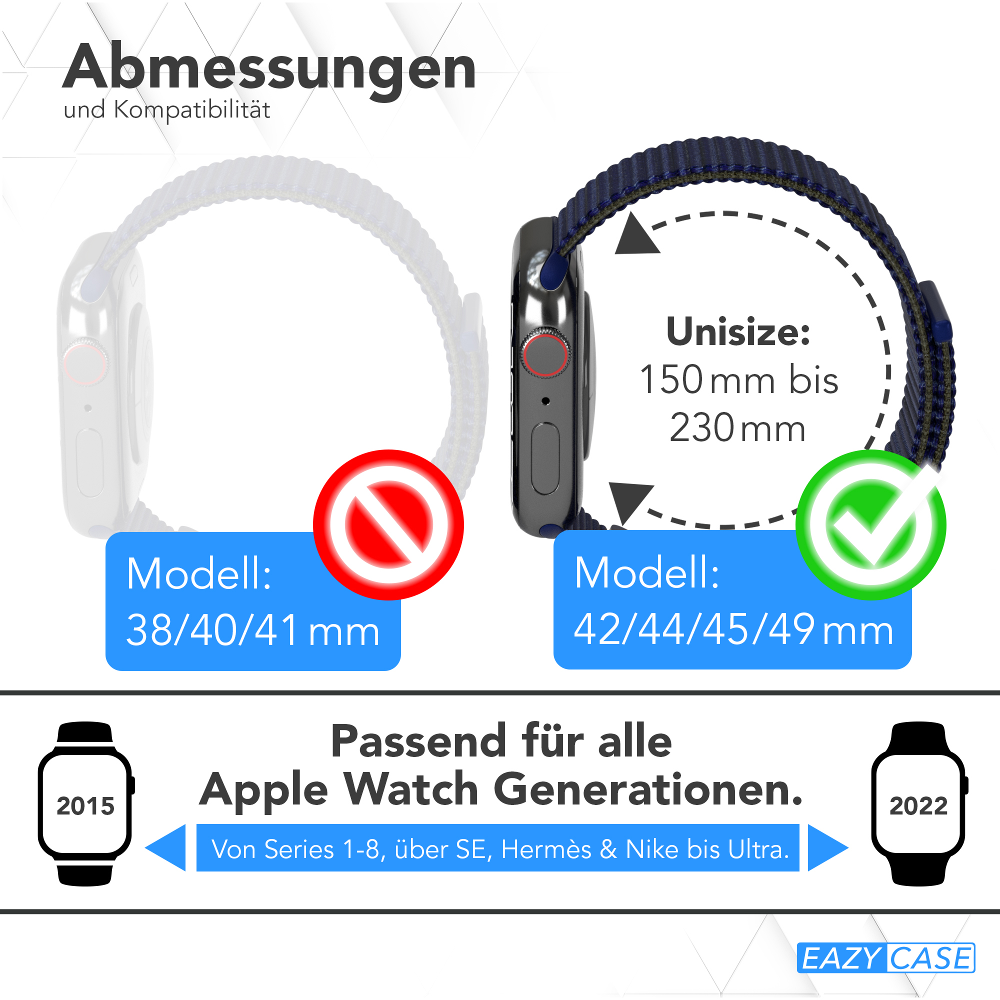 Apple Watch Armbänder: Eins mit einem roten Nein, eins mit einem grünen Häkchen. Text: Passend für alle Apple Watch Generationen.