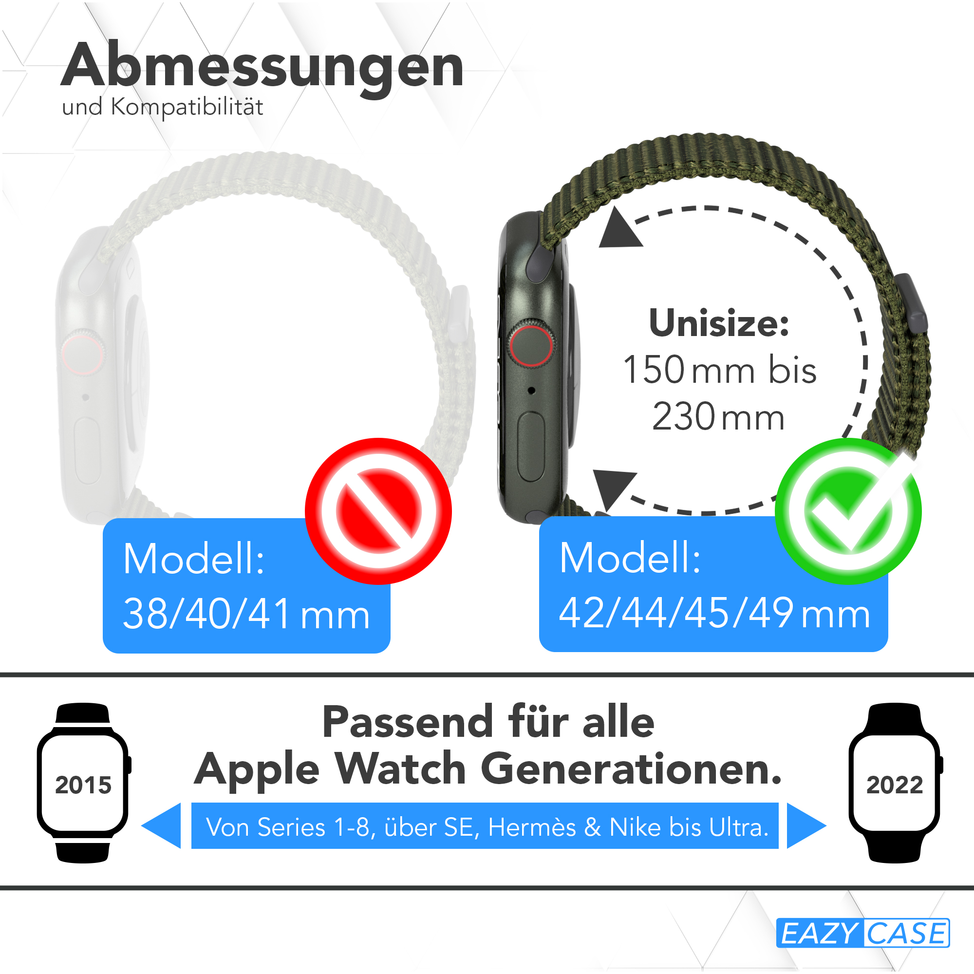 Zwei Apple Watch-Armbänder und die Apple Watch. Text: Unsize: 150 mm bis 230 mm, passend für alle Serien.