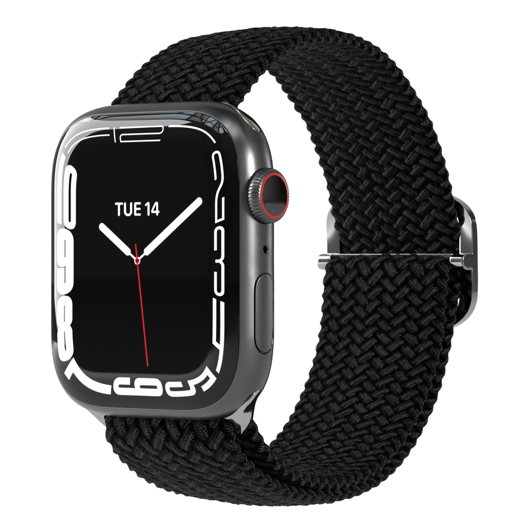 Schwarze Apple Watch mit schwarzem gewebtem Armband. Zeigt Di 14 auf dem Bildschirm. Weißer Hintergrund.