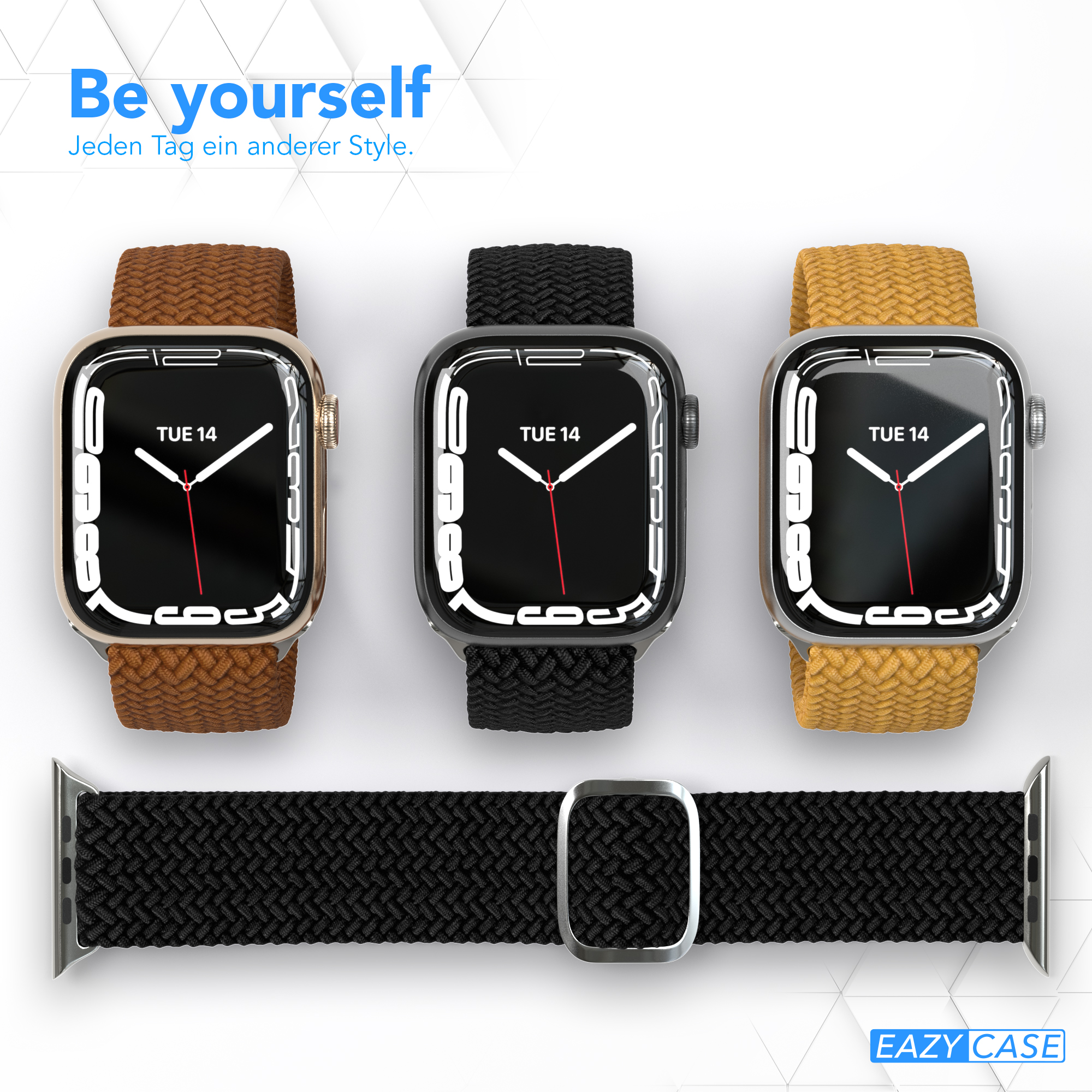 Drei Smartwatches mit verschiedenfarbigen Armbändern. Text: Sei du selbst, jeden Tag ein anderer Stil.