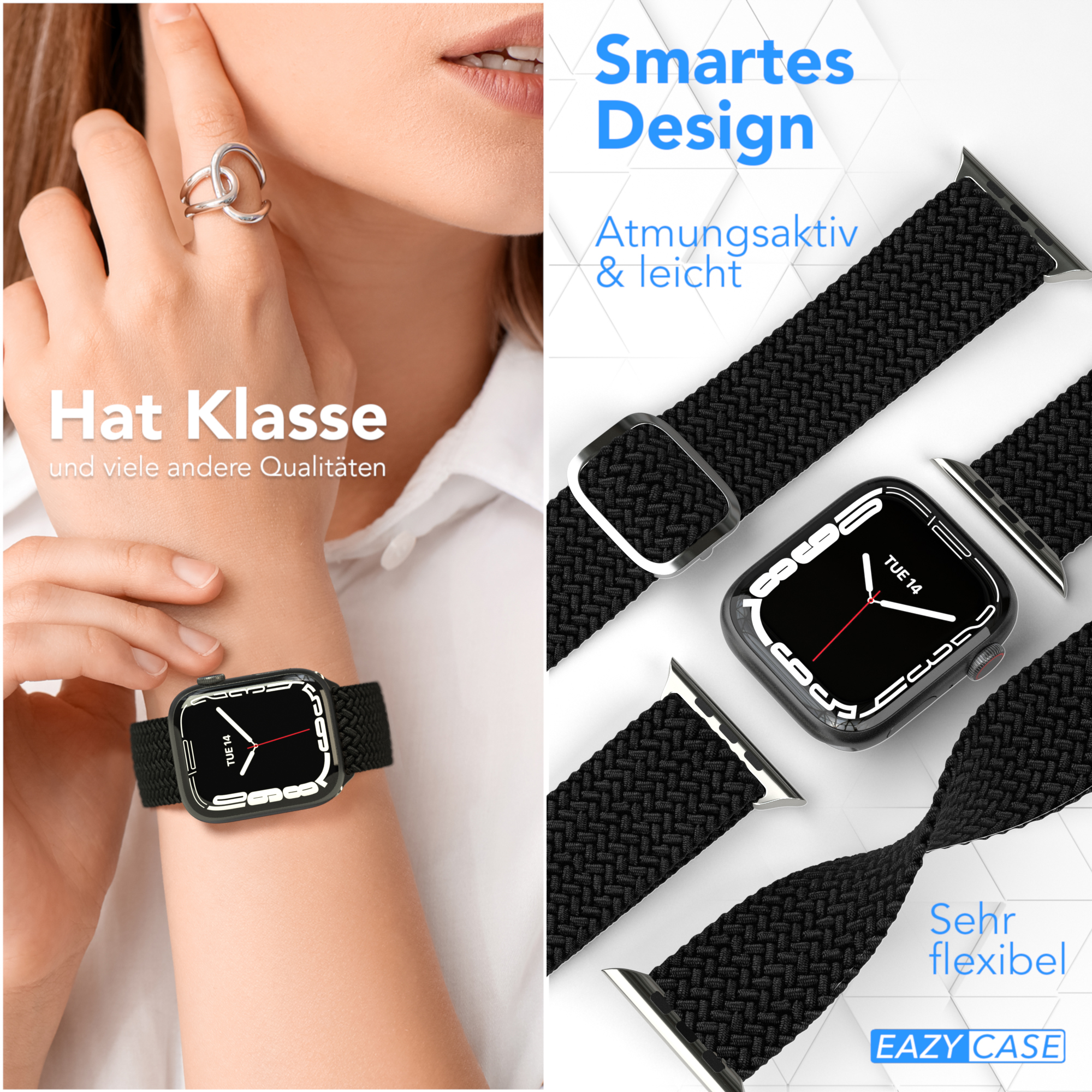Eine Frau trägt eine Smartwatch und eine Nahaufnahme der Uhr mit schwarzem Armband und dem Text 'DI 14'.