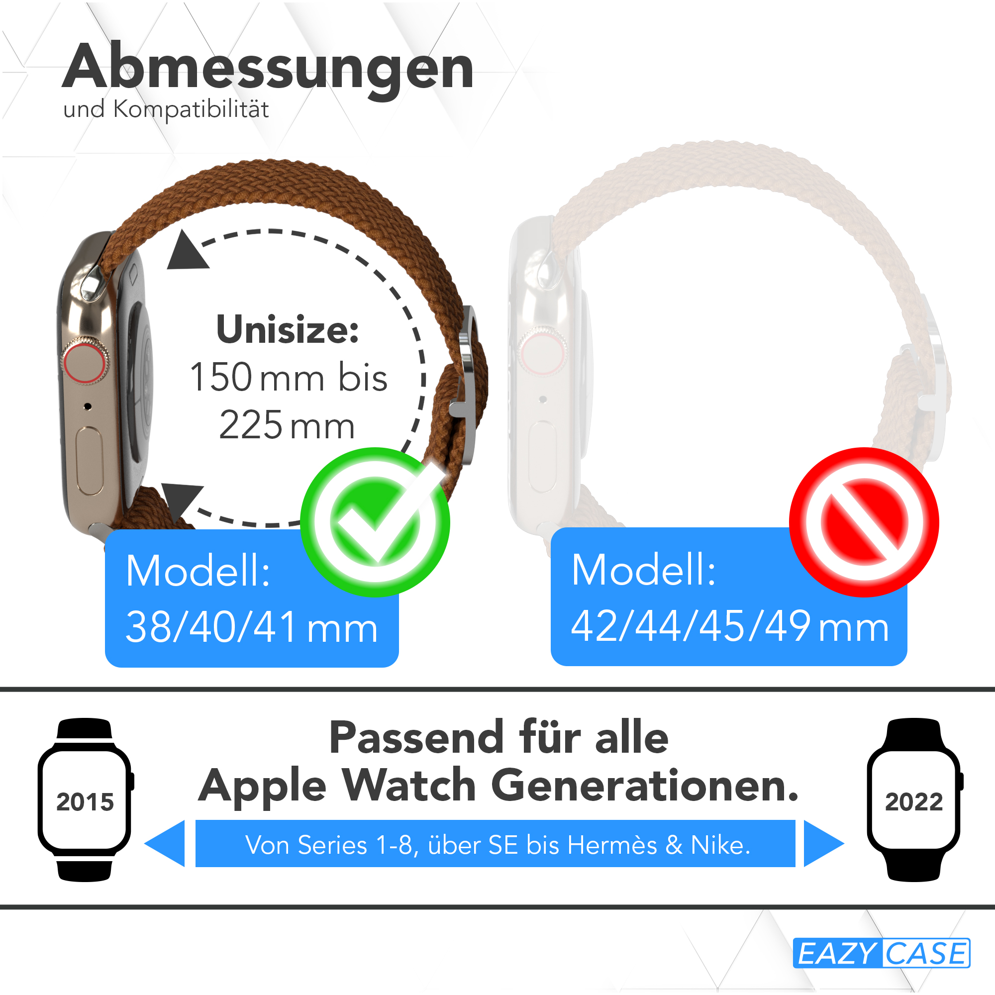 Apple Watch mit zwei Armbändern. Eines mit Häkchen, eines mit rotem Verbotszeichen.