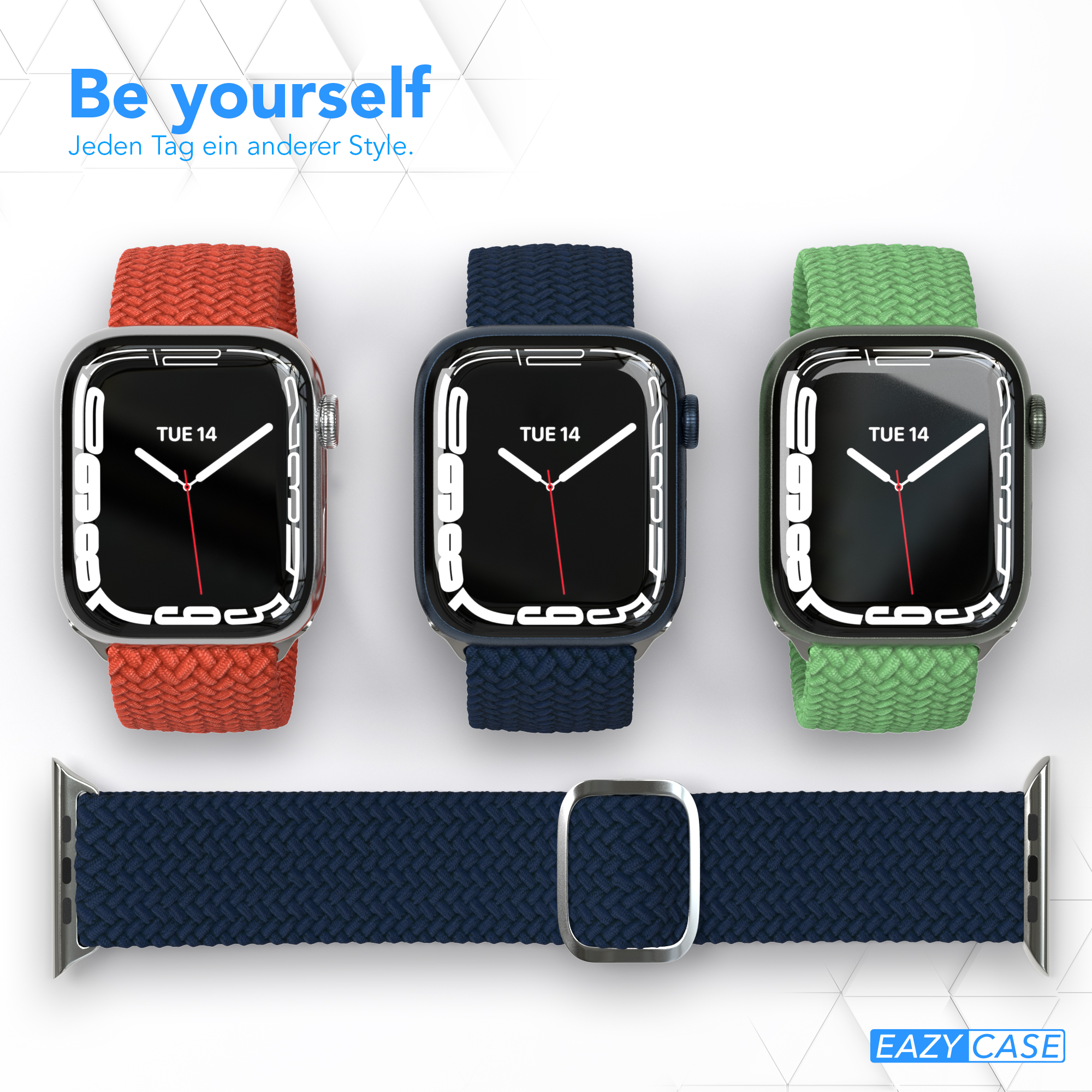 Drei Smartwatches mit verschiedenfarbigen Bändern: rot, blau und grün. Unten ein blaues Band.