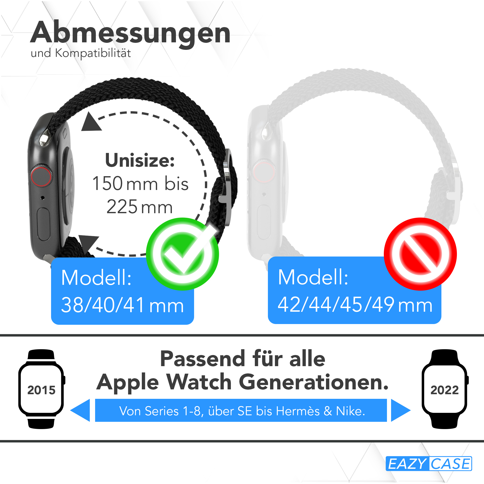 Bild zeigt zwei Apple Watch-Armbänder. Eines kompatibel mit 38/40/41 mm, das andere mit 42/44/45/49 mm.
