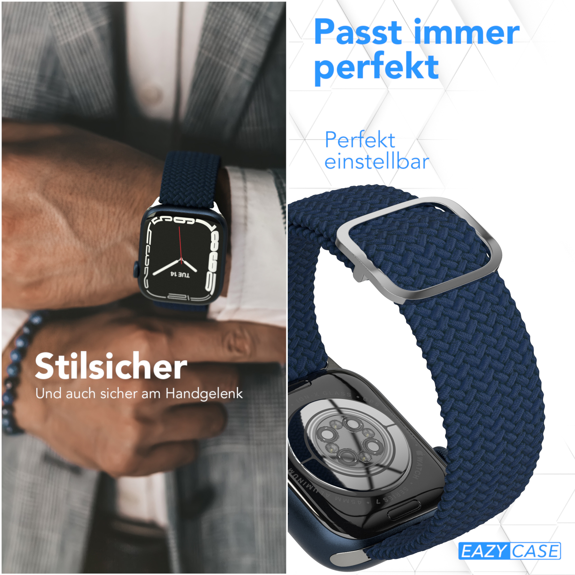 Zwei Bilder einer Smartwatch mit blauem geflochtenem Armband. Sie zeigt das Ziffernblatt und eine Nahaufnahme.