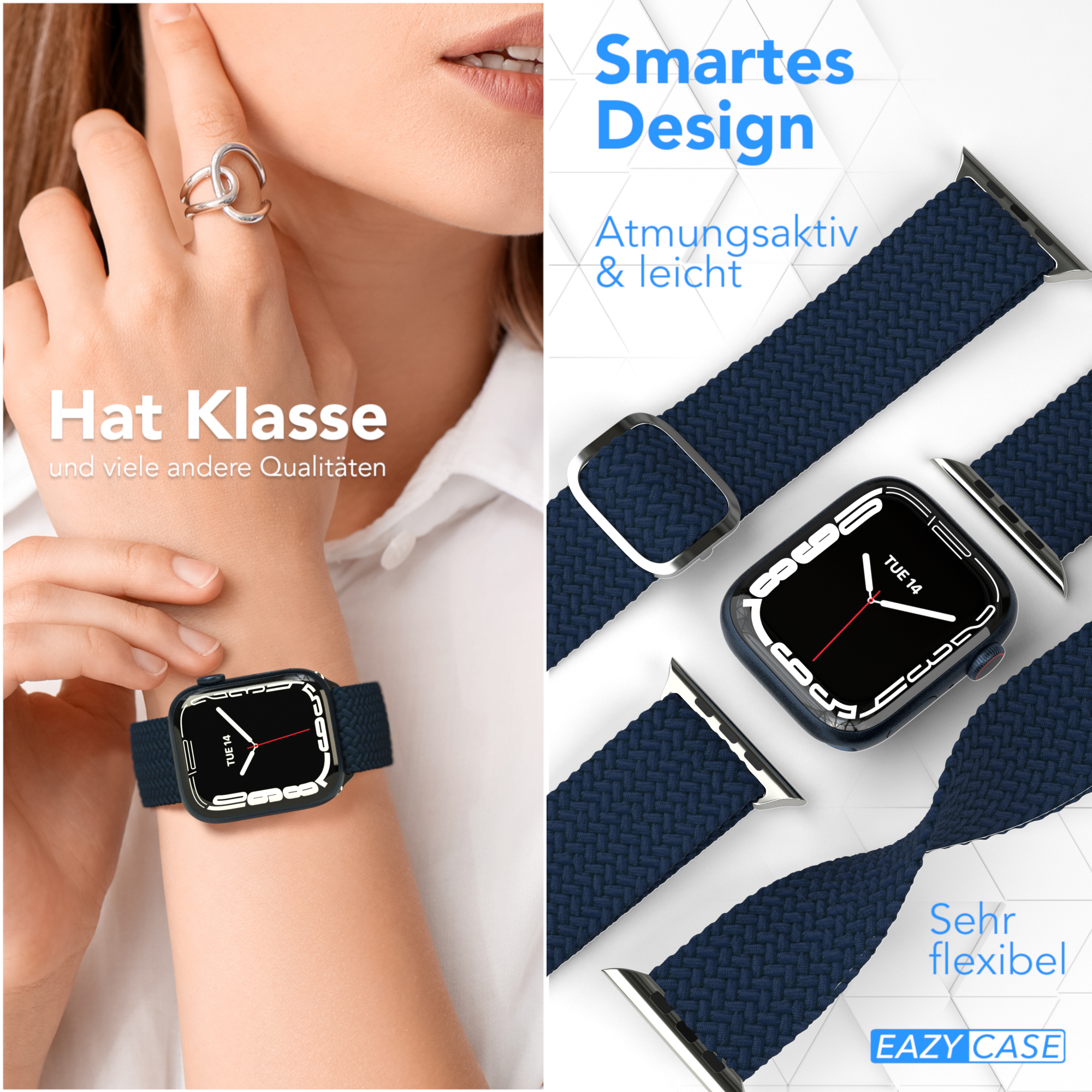 Frau trägt Uhr mit blauem Armband und Uhr mit Armbanddetail.