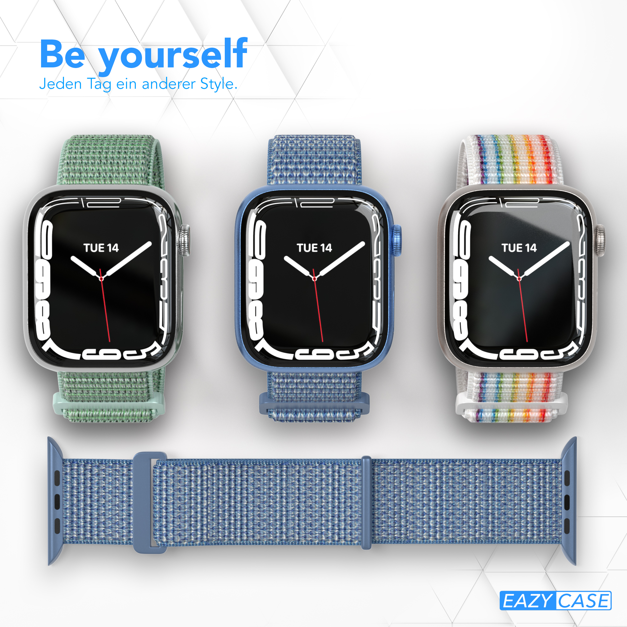 Drei Smartwatches mit grünen, blauen und Regenbogenbändern. Unten ein blaues Band.