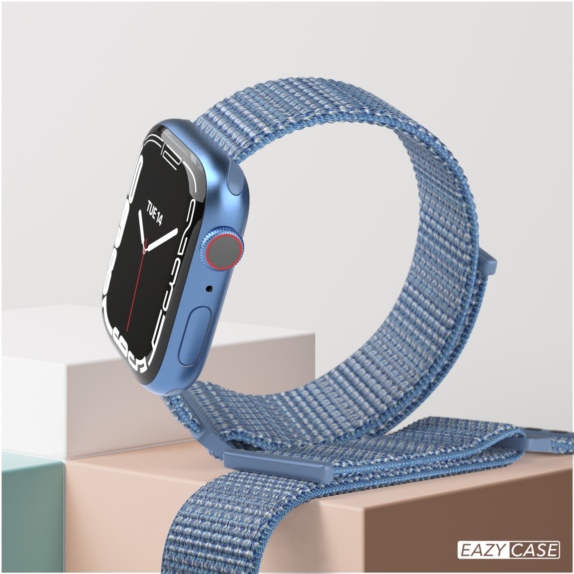 Blaue Apple Watch mit blauem Armband.