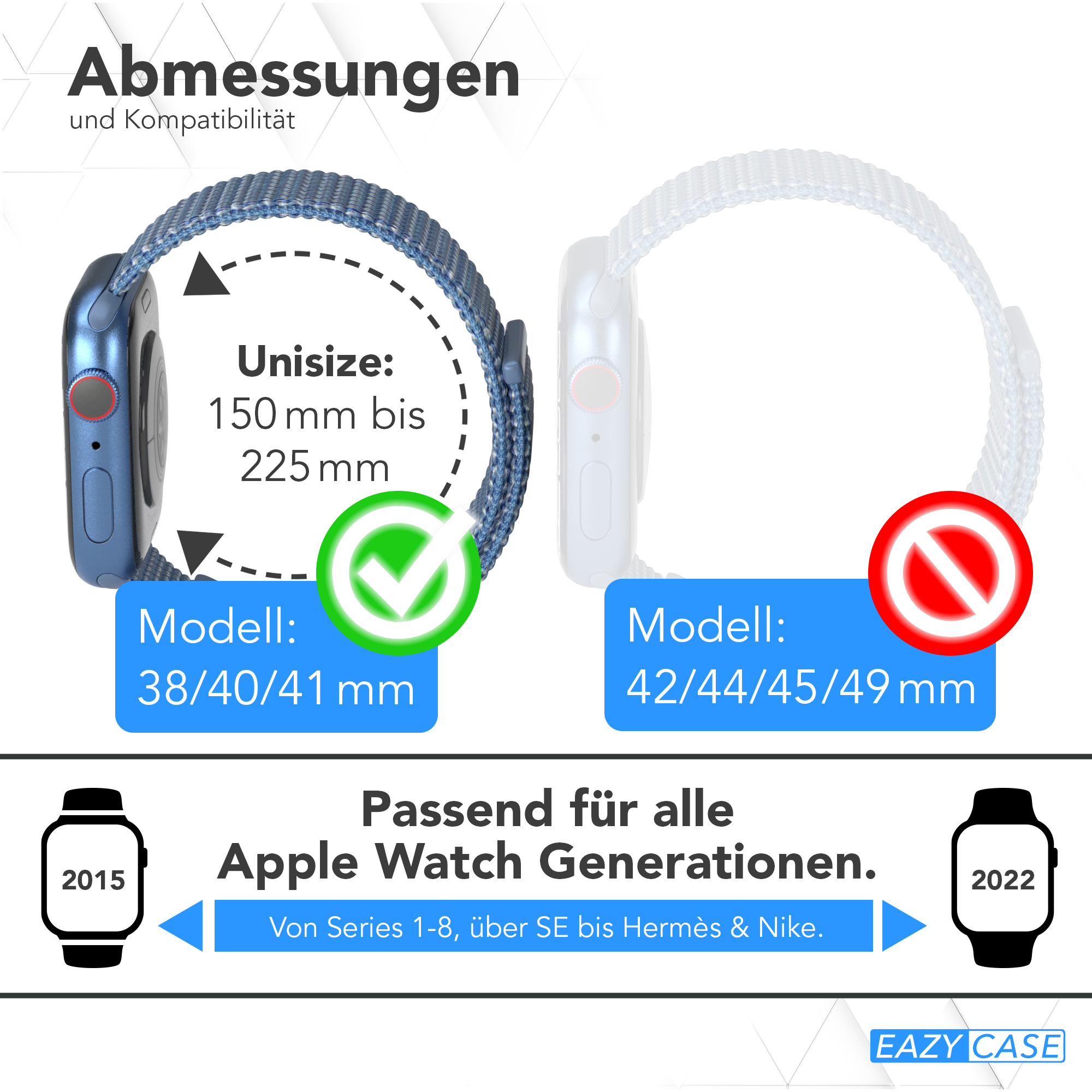 Diagramm, das Apple Watch-Armbänder zeigt, mit Größenkompatibilität für verschiedene Uhrenmodelle.