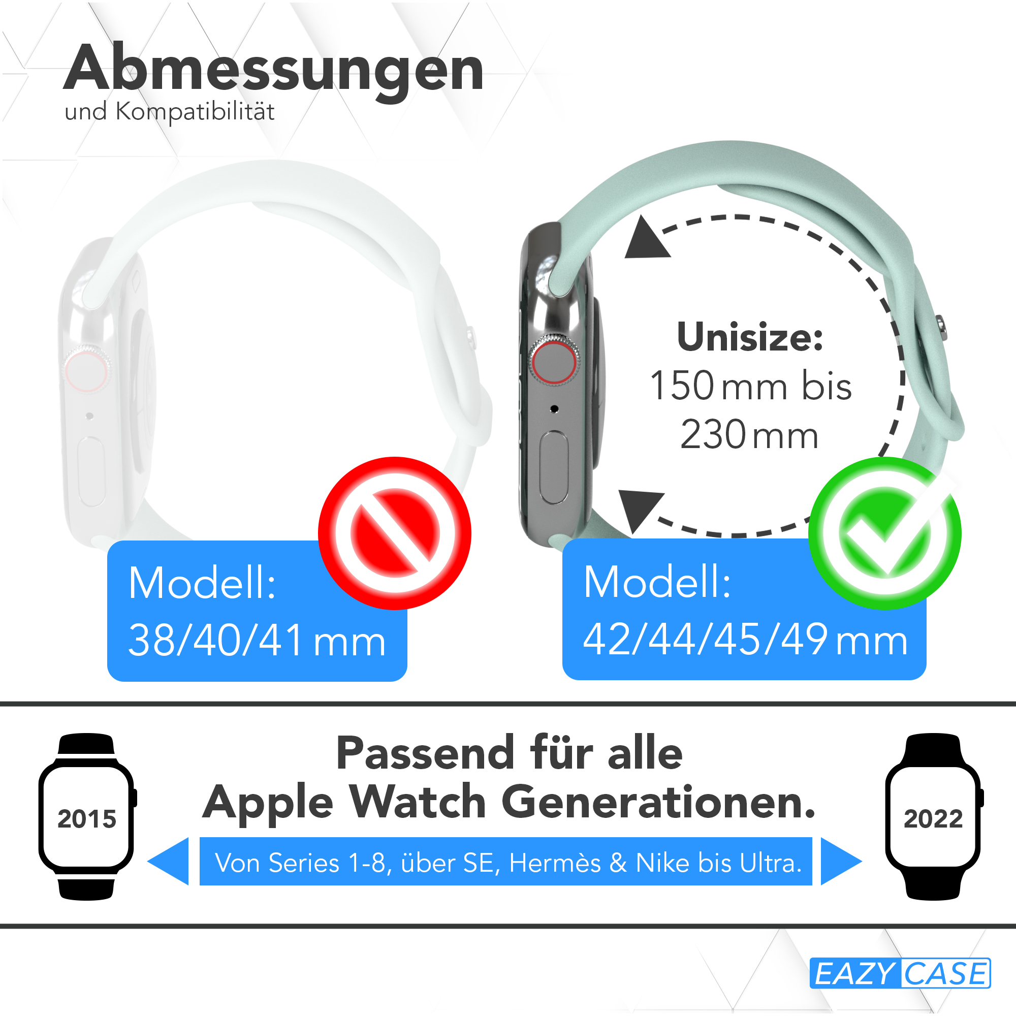 Das Bild zeigt zwei Apple Watches mit verschiedenen Armbändern und Größen, mit Text über Kompatibilität und Größen.