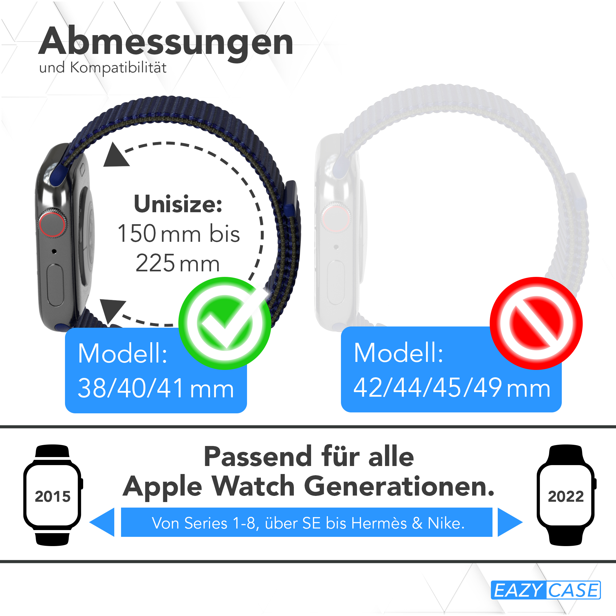 Apple Watch Armbänder: Eins mit einem grünen Häkchen, eins mit einem roten Nein. Text: Passend für alle Apple Watch Generationen.