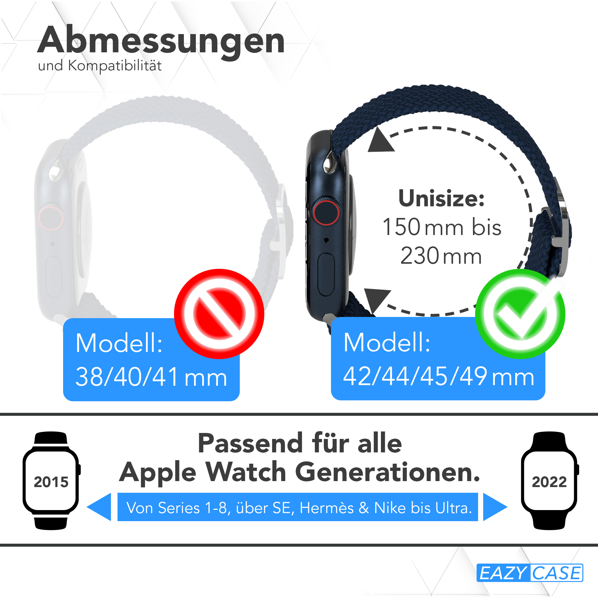 Eine Apple Watch mit einem roten X. Die Uhr wird mit einem Armband gezeigt und der Text besagt, dass sie nicht zu mehreren Modellen passt.