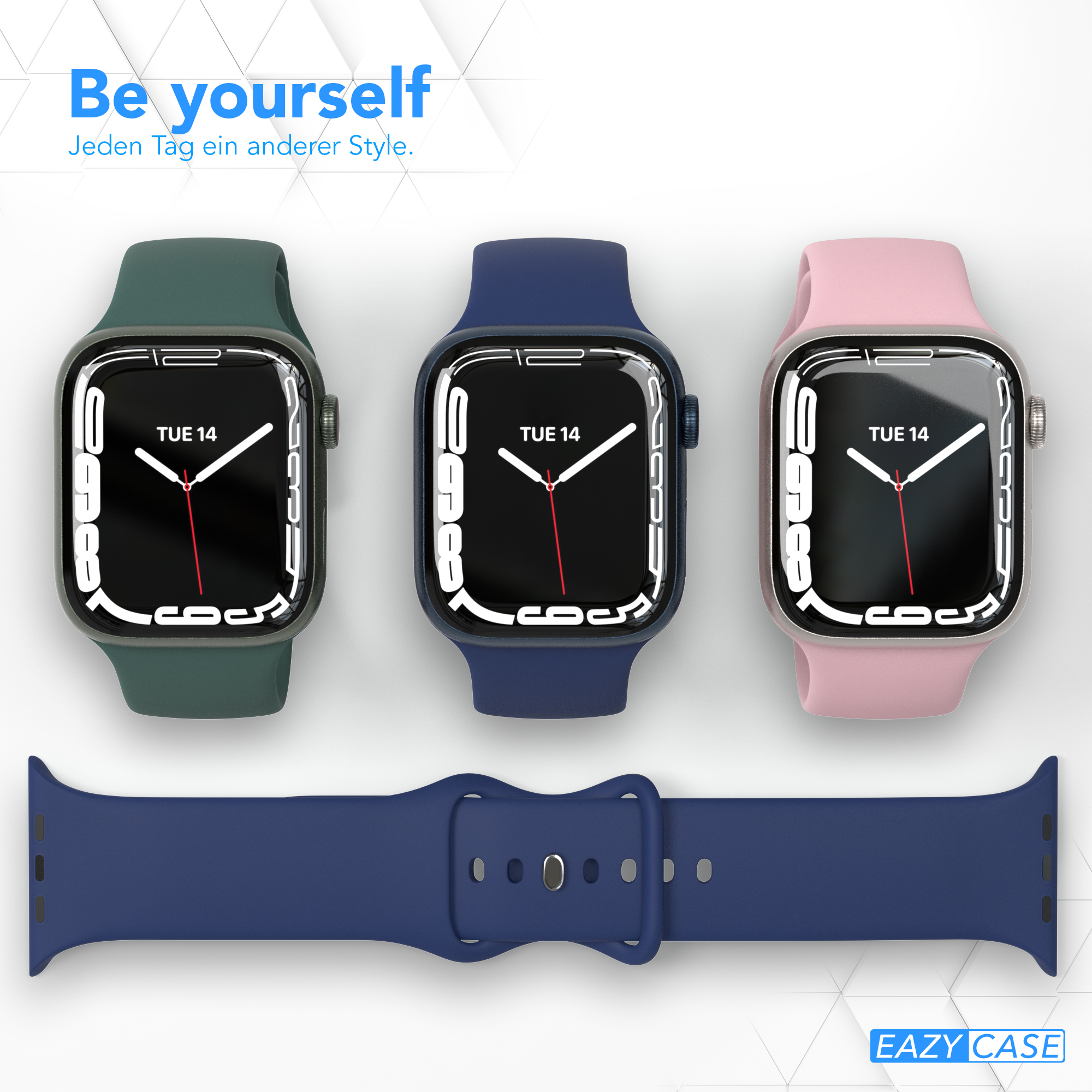Drei Smartwatches mit verschiedenen Armbändern. Text: Sei du selbst, jeden Tag ein anderer Stil. EAZY CASE.