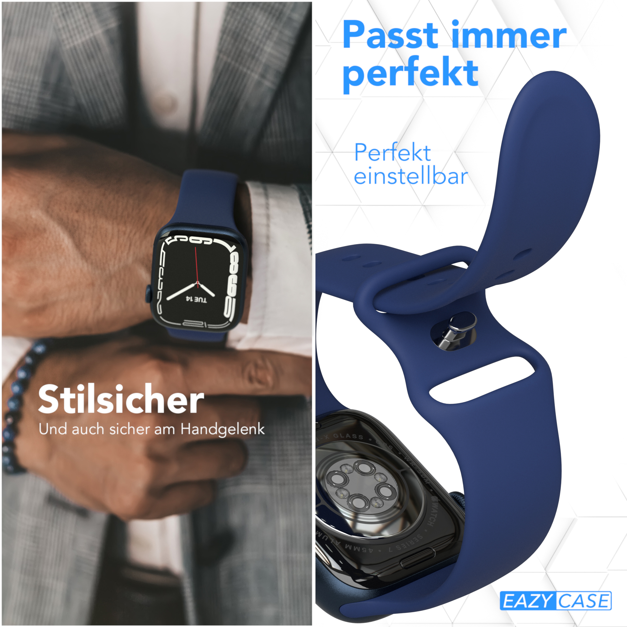 Uhr- und Armbanddetails. Blaues Armband und Uhr am Handgelenk. Text: Stil Sicher.